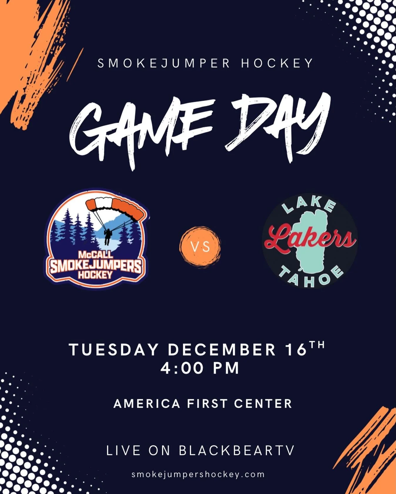 🏒 IT&rsquo;S GAME DAY.
Smokejumpers vs Lake Tahoe &mdash; puck drops at 4 PM.
📍 America First Center | 📺 BlackBearTV
#GameDay #SmokejumperHockey
