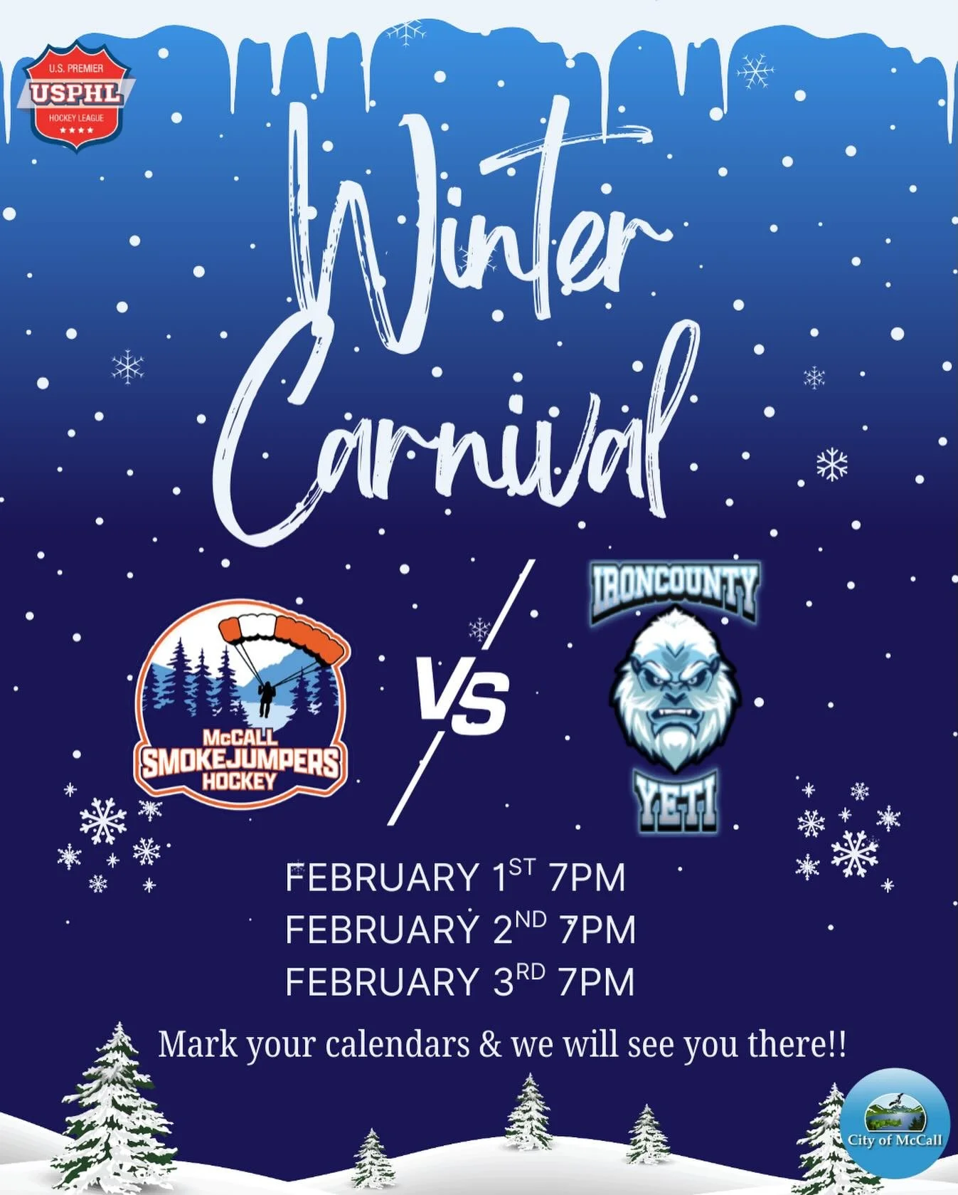 ❄️ MARK YOUR CALENDARS ❄️
Winter Carnival Weekend is coming, and so is Smokejumpers hockey.
Three nights vs the Yeti at home.
Feb 1&ndash;3 | 7PM 🏒
