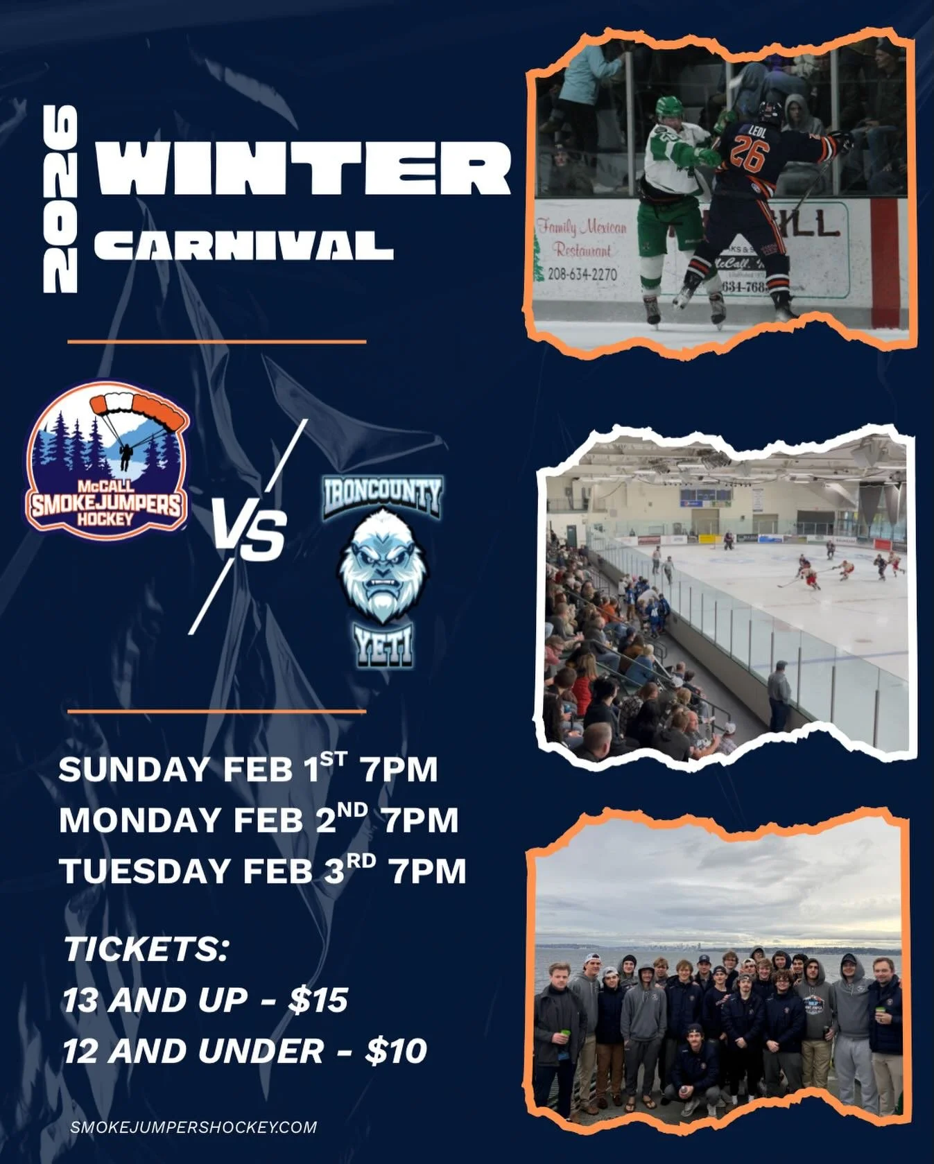 McCall&rsquo;s biggest weekend deserves the biggest energy ❄️🎡
Winter Carnival + Smokejumpers hockey
Feb 1&ndash;3 | 7PM
See you at Manchester 🏠