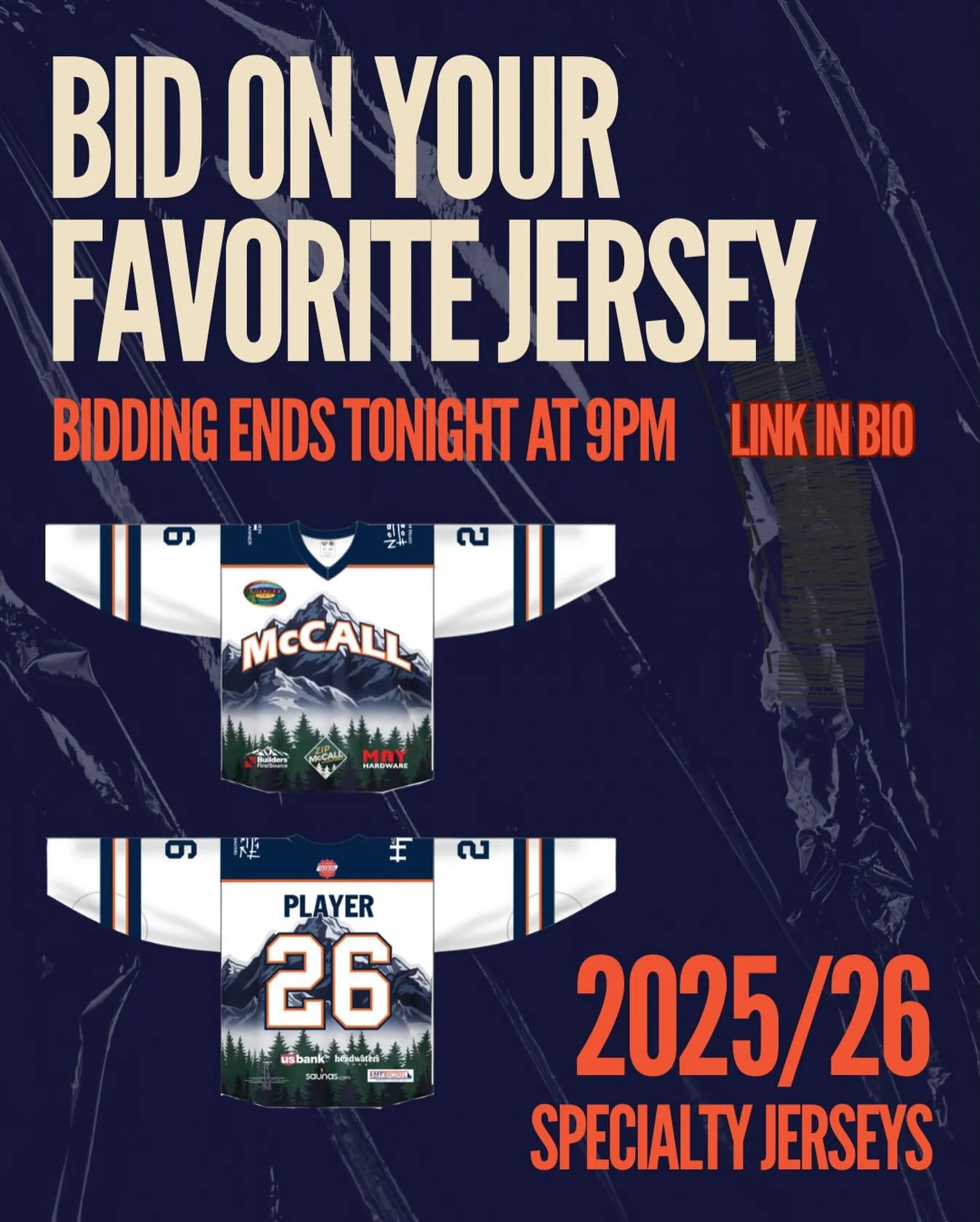 ⏰ LAST CALL, MCCALL ⏰
Bidding on our 2025/26 specialty jerseys closes TONIGHT at 9PM.

Don&rsquo;t miss your chance to take home a piece of Smokejumpers history. 🔥

Hit the link in our bio to place your bid before time runs out!