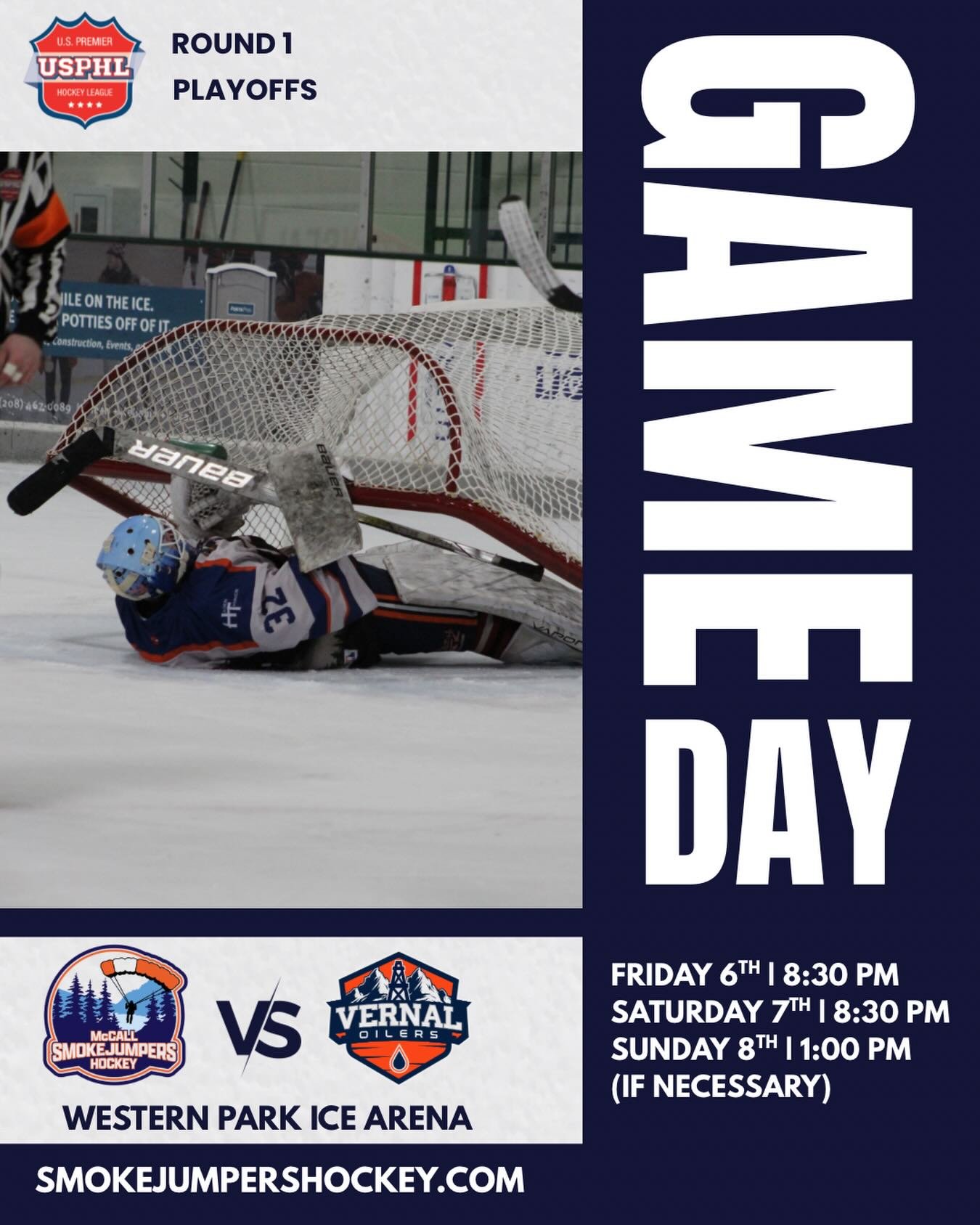 🚨 PLAYOFF HOCKEY 🚨

The Smokejumpers are on the road to Vernal, Utah for Round 1 of the USPHL Playoffs against the Vernal Oilers.

This best-of-three series starts Friday night at Western Park Ice Arena.

🗓 Friday &ndash; 8:30 PM
🗓 Saturday &ndas