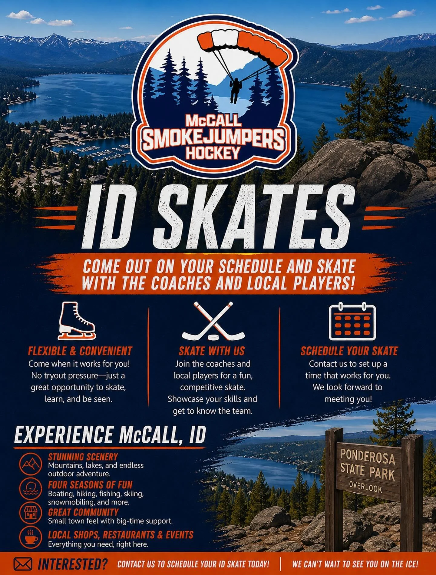 Compete. Get noticed. Experience McCall.
High-tempo skates with our coaches and local players in a place built for hockey and lifestyle.

Questions?
📞 Chris Gregory (Owner/GM): (661) 805-3532