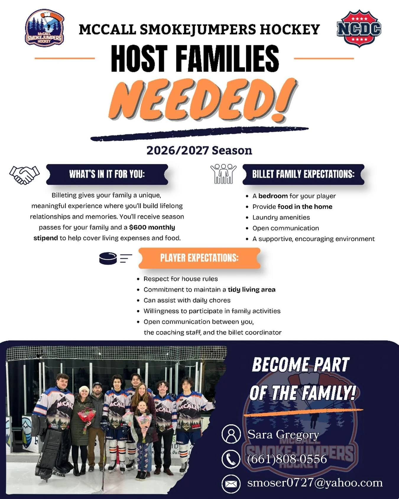 🏒 HOST FAMILIES NEEDED 🏒
Help shape the next generation of hockey players while creating lifelong memories right here in McCall.
Become part of the family for the 2026/2027 season!
📩 Sara Gregory | (661) 808-0556 | smoser0727@yahoo.com