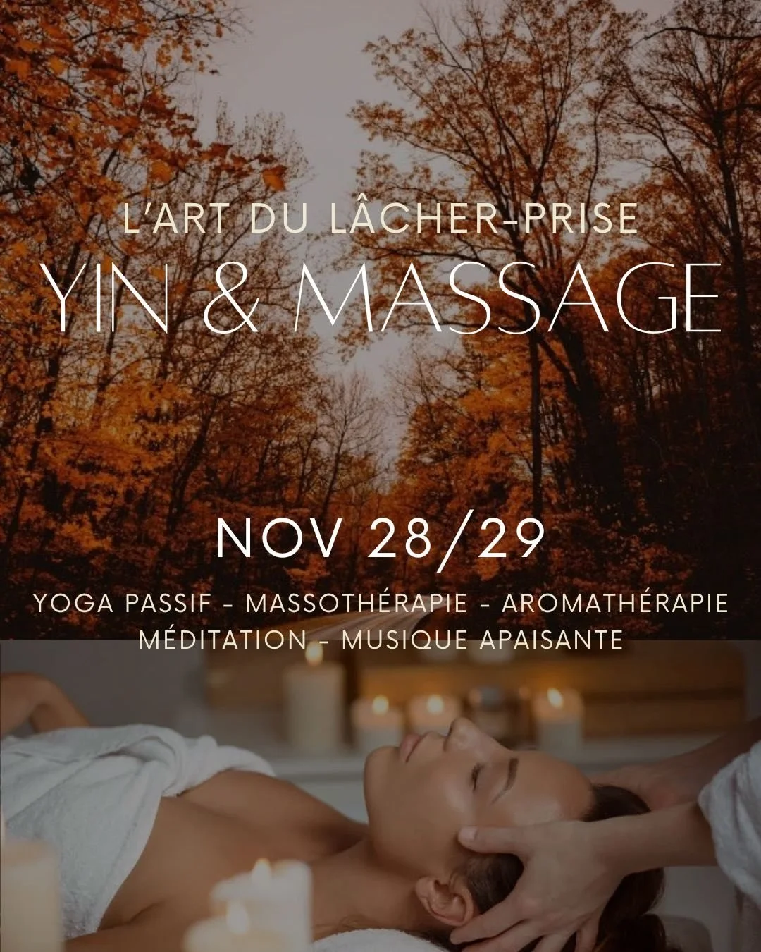 L’art du lâcher-prise 🍂

Un moment pour relâcher, respirer et vous offrir une détente profonde.
Une pratique apaisante combinant yin passif, massage, aromathérapie, méditation et sound healing — parfaite 