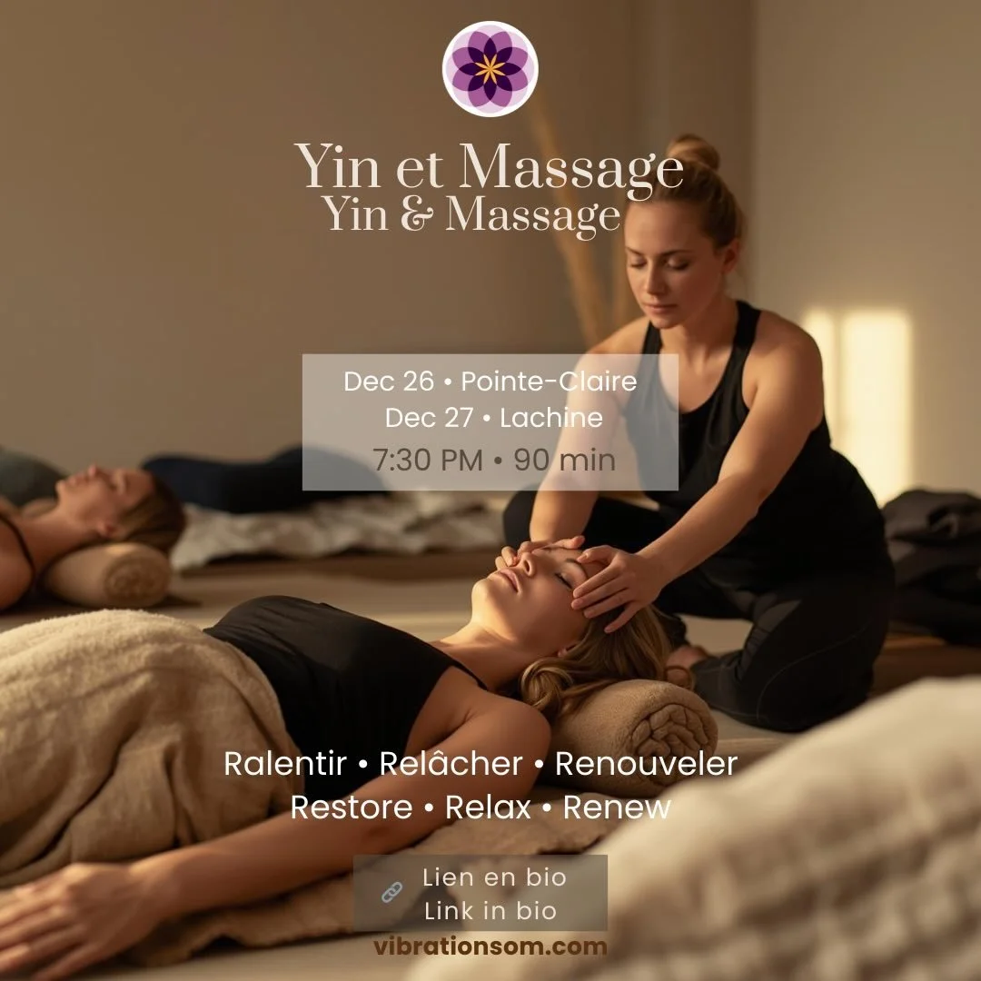 Yin et massage • Yin et massage 🌙

Offrez-vous une pause profonde en cette période des fêtes.
Une pratique douce de Yin Yoga, soutenue par des accessoires, combinée à des massages et ajustements bienveillants pour 