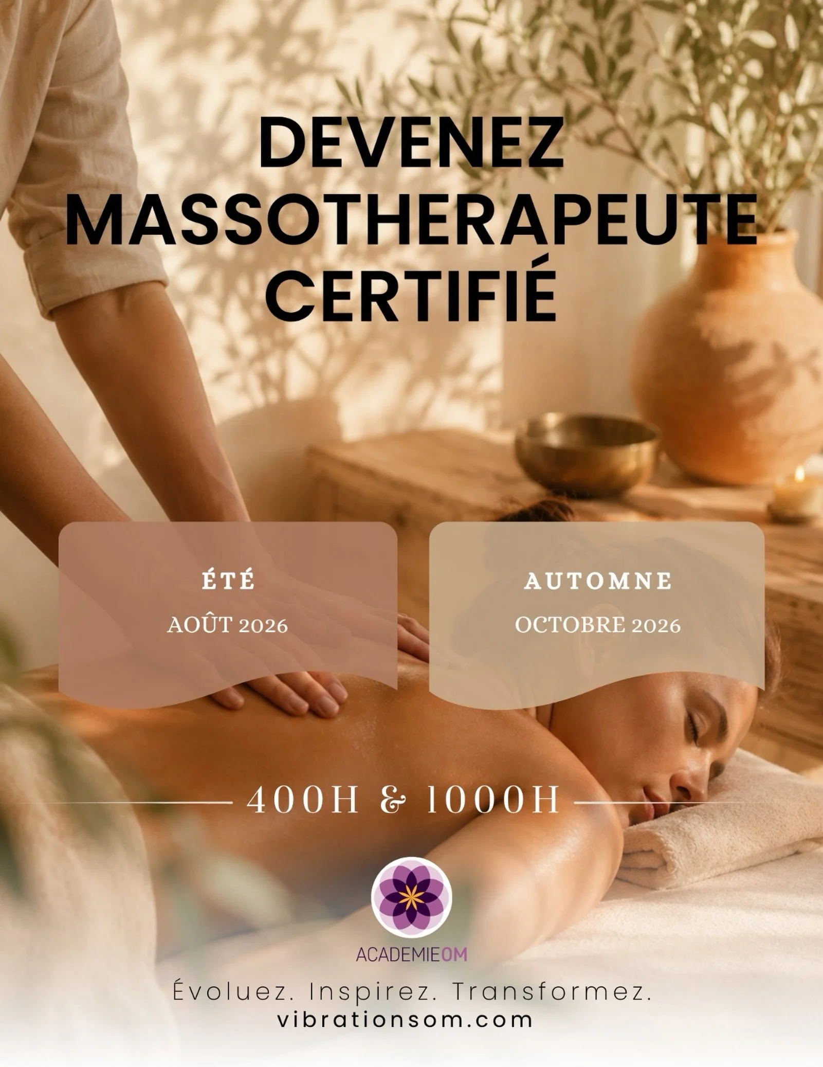 🌞 Cet &eacute;t&eacute;, commencez votre carri&egrave;re en massoth&eacute;rapie! 

Notre certification de 400h en massage su&eacute;dois commence en ao&ucirc;t, ne la manquez pas!

Compl&eacute;tez vos cours pratiques en pr&eacute;sentiel en seulem