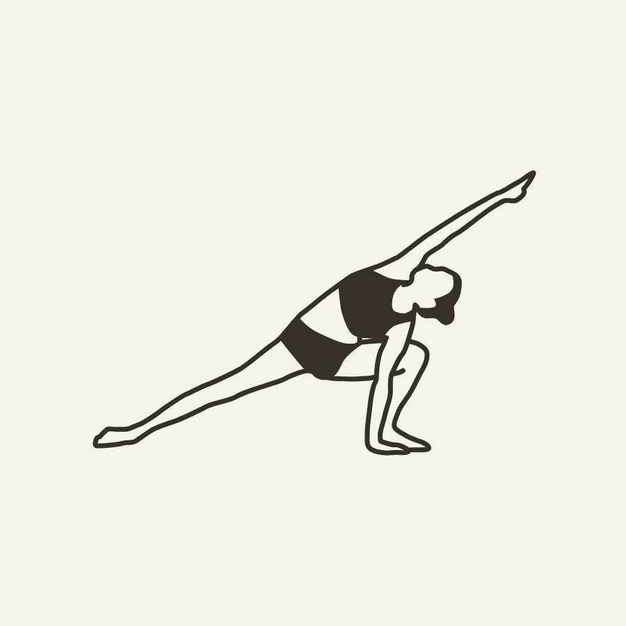 Line drawing of a woman practicing yoga in side plank pose with one arm extended upwards against a gradient orange and yellow background.