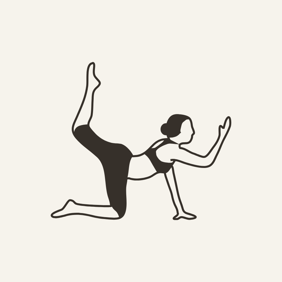 Line drawing of a woman practicing yoga in a pose on a gradient yellow to orange background.