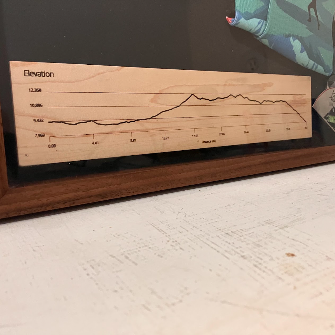 Laser engraved elevation profile for the race.