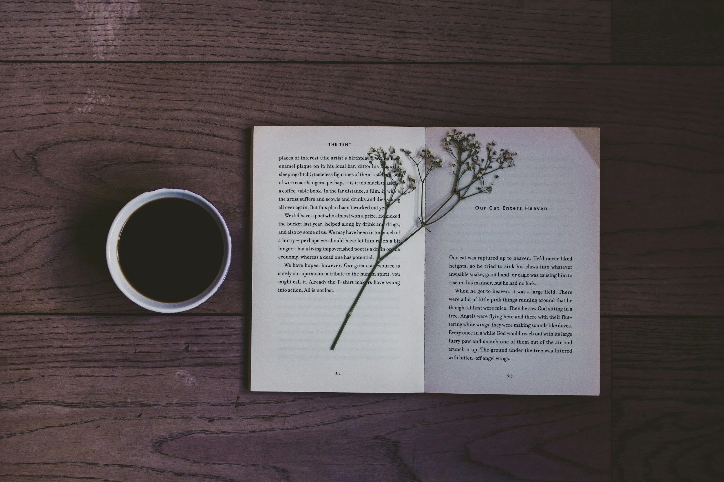 A cup of black coffee, an open book with a sprig of dried flowers on one page, and a wooden surface.