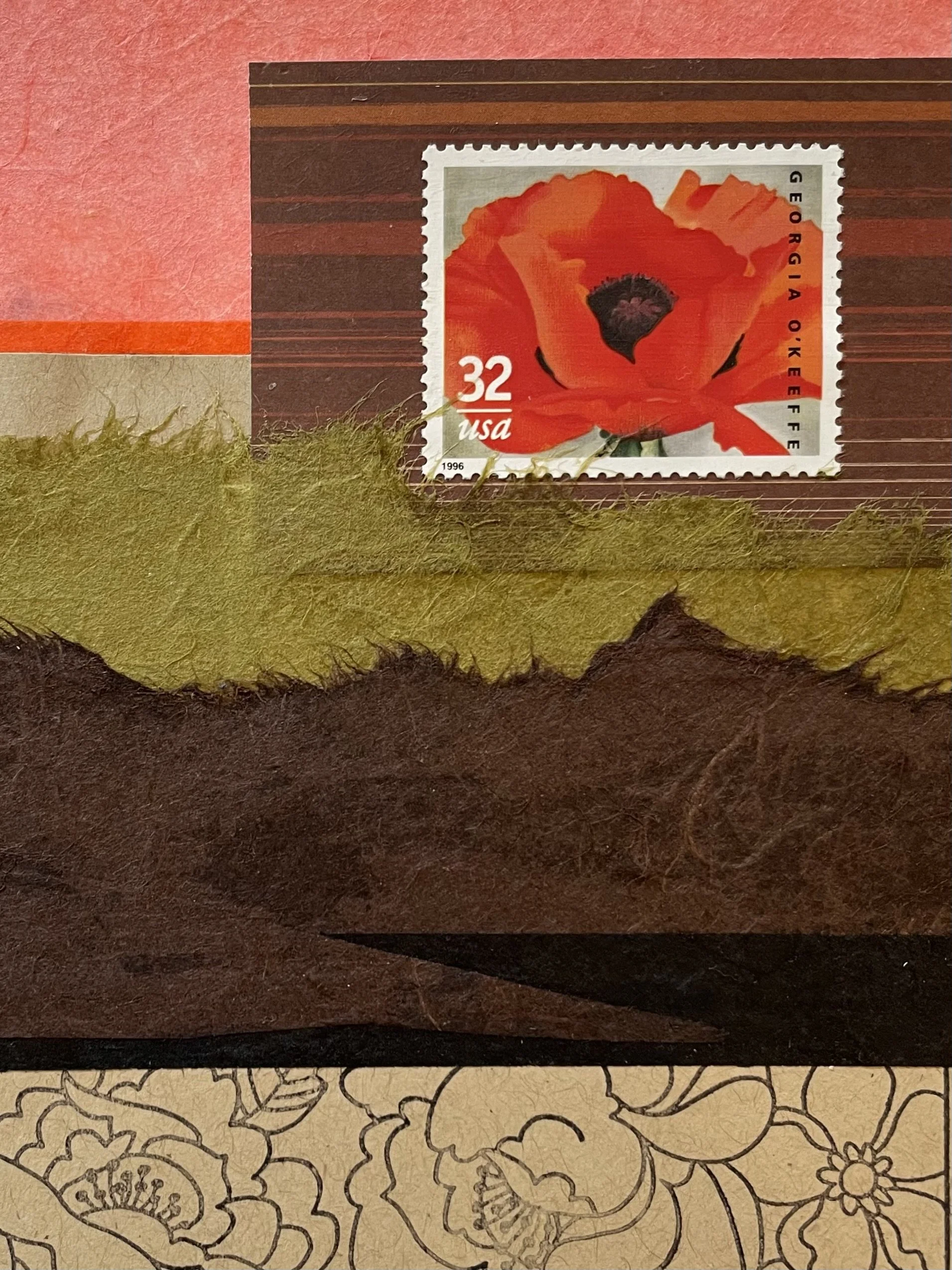 Georgia O'Keeffe, 5x7, collage/postage stamp