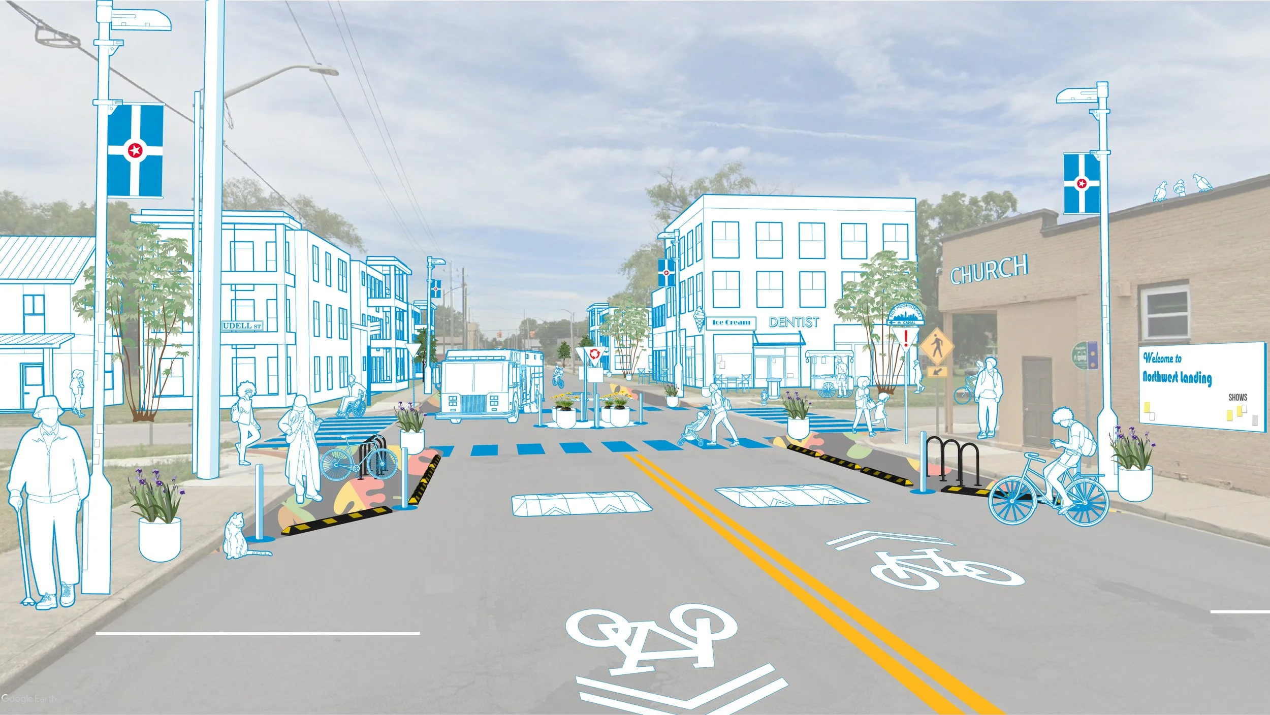 Illustration of a city street with bike lanes, crosswalks, and sidewalks. Details include pedestrians, cyclists, a bus, bicycles, street signs, a church, a dental office, flower pots, and streetlights, with blue outlining for buildings and infrastructure.