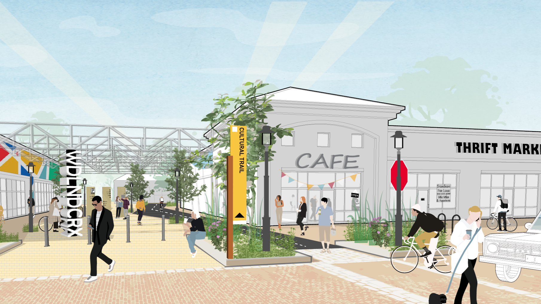 A lively outdoor urban scene featuring a pedestrian street with people walking, biking, and sitting. There's a cafe with a large sign, a thrift market, and a cultural trail sign. Trees, street lamps, and colorful banners decorate the area, with a mix of modern and vintage elements.