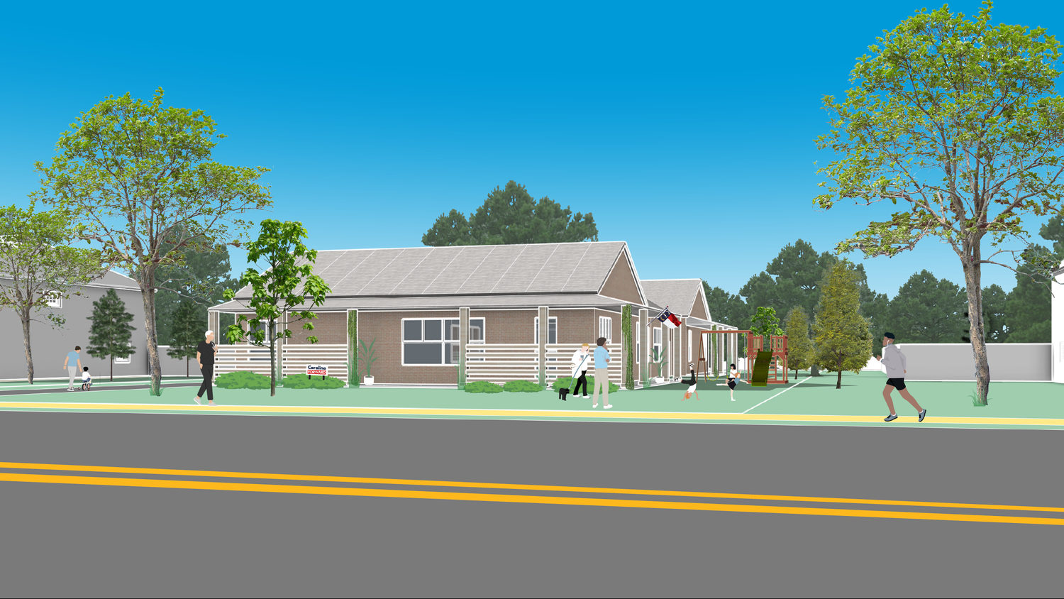 Illustration of the duplex with a brick house and neighbors outside