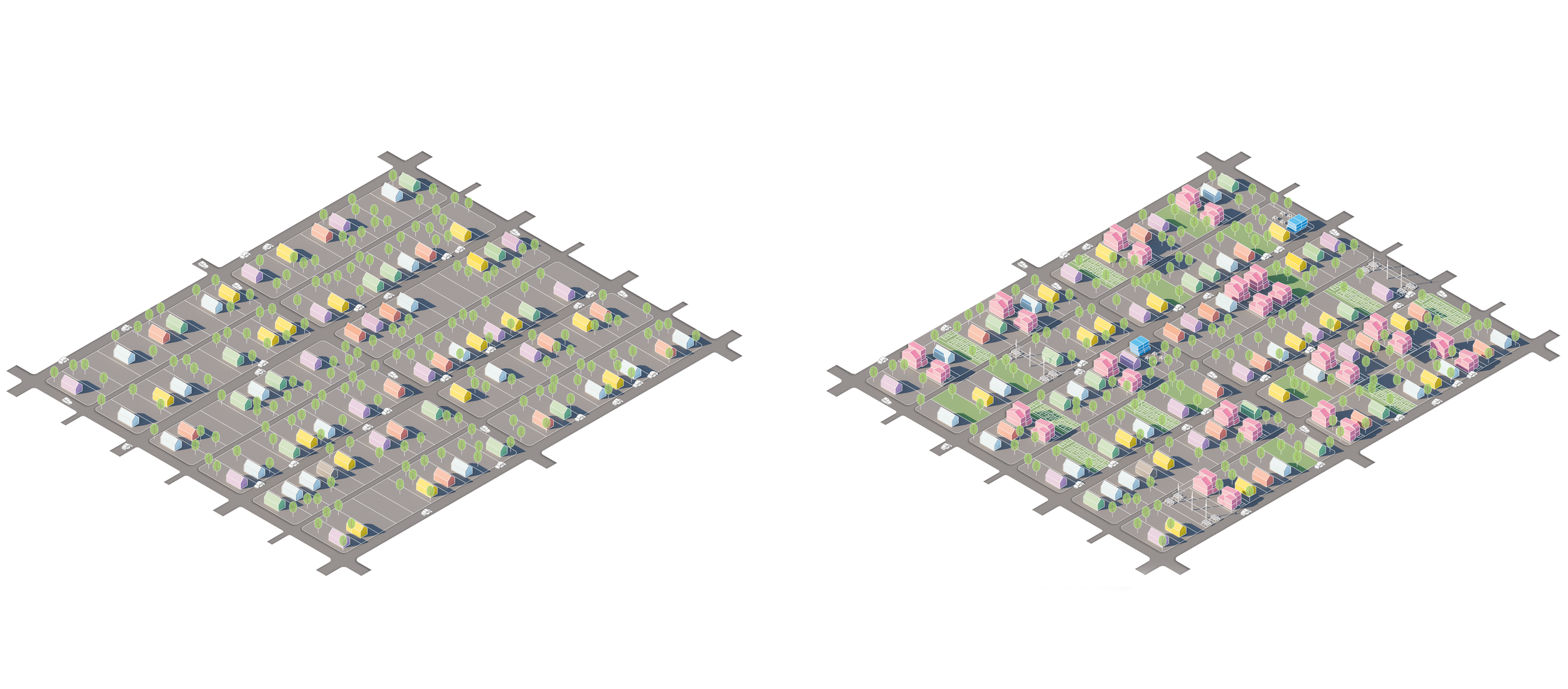 Two isometric illustrations of a neighborhood, each with a grid of streets, parking lots, trees, and various pastel-colored buildings, including houses, shops, and community structures.