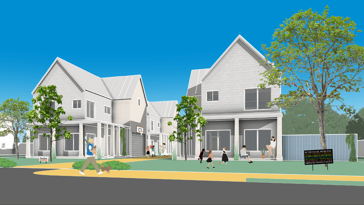 Illustration of the village with children playing basketball and a pro-housing yard sign