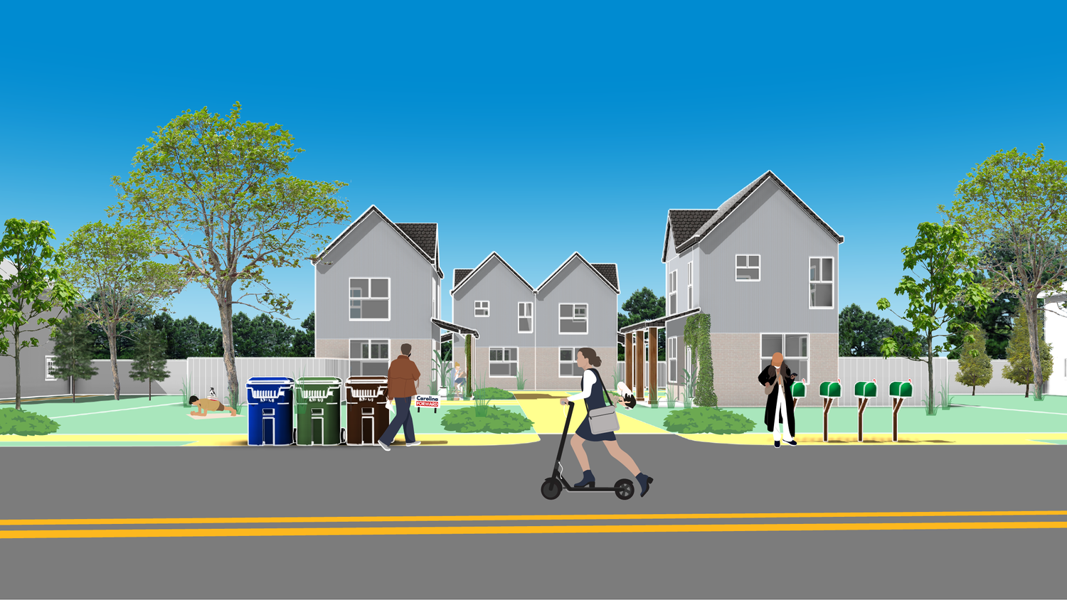 Illustration of the cluster neighborhood with a person on a scooter