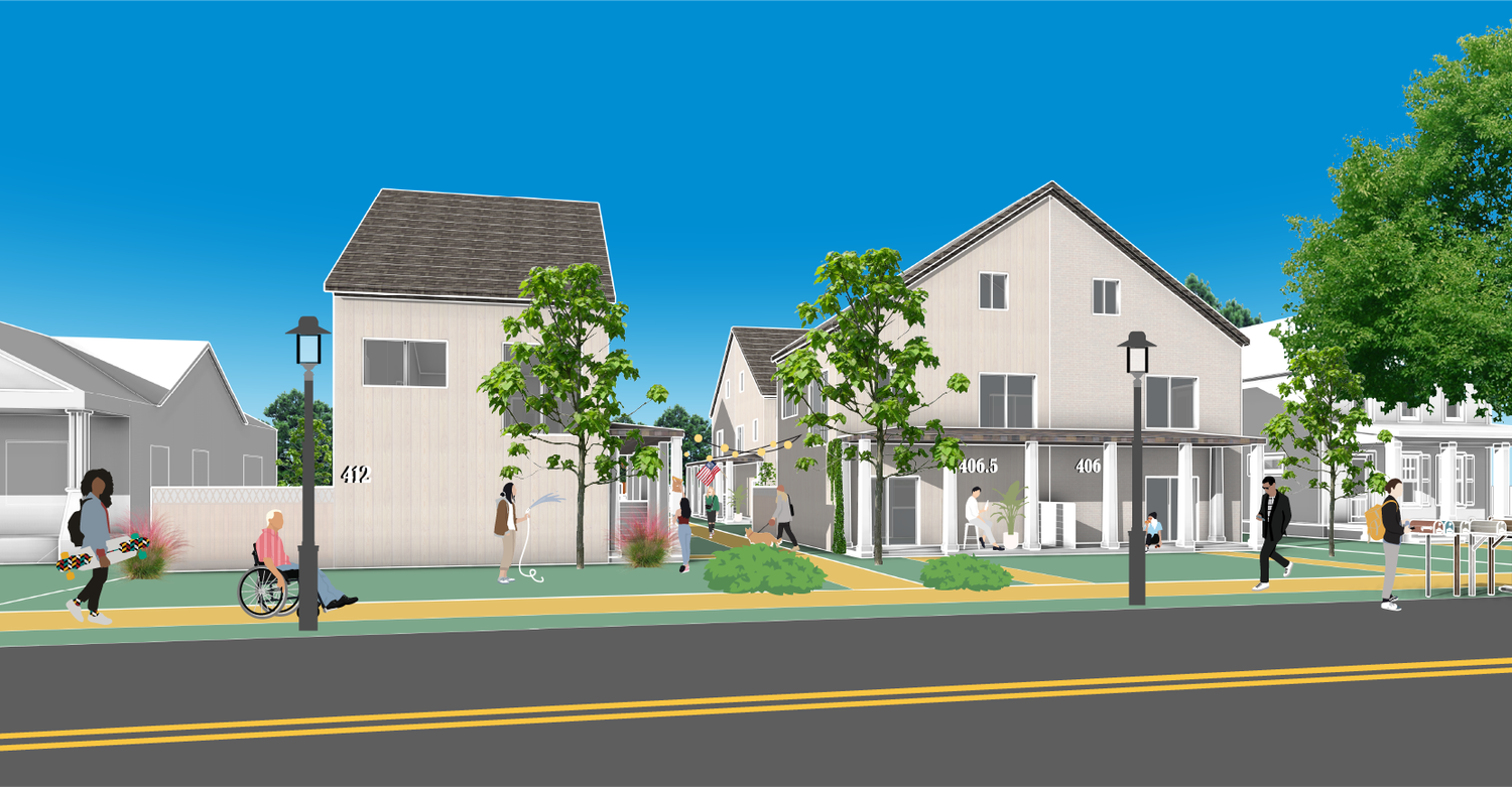 Illustration of the microvillage with a wheelchair user and neighbors on the path