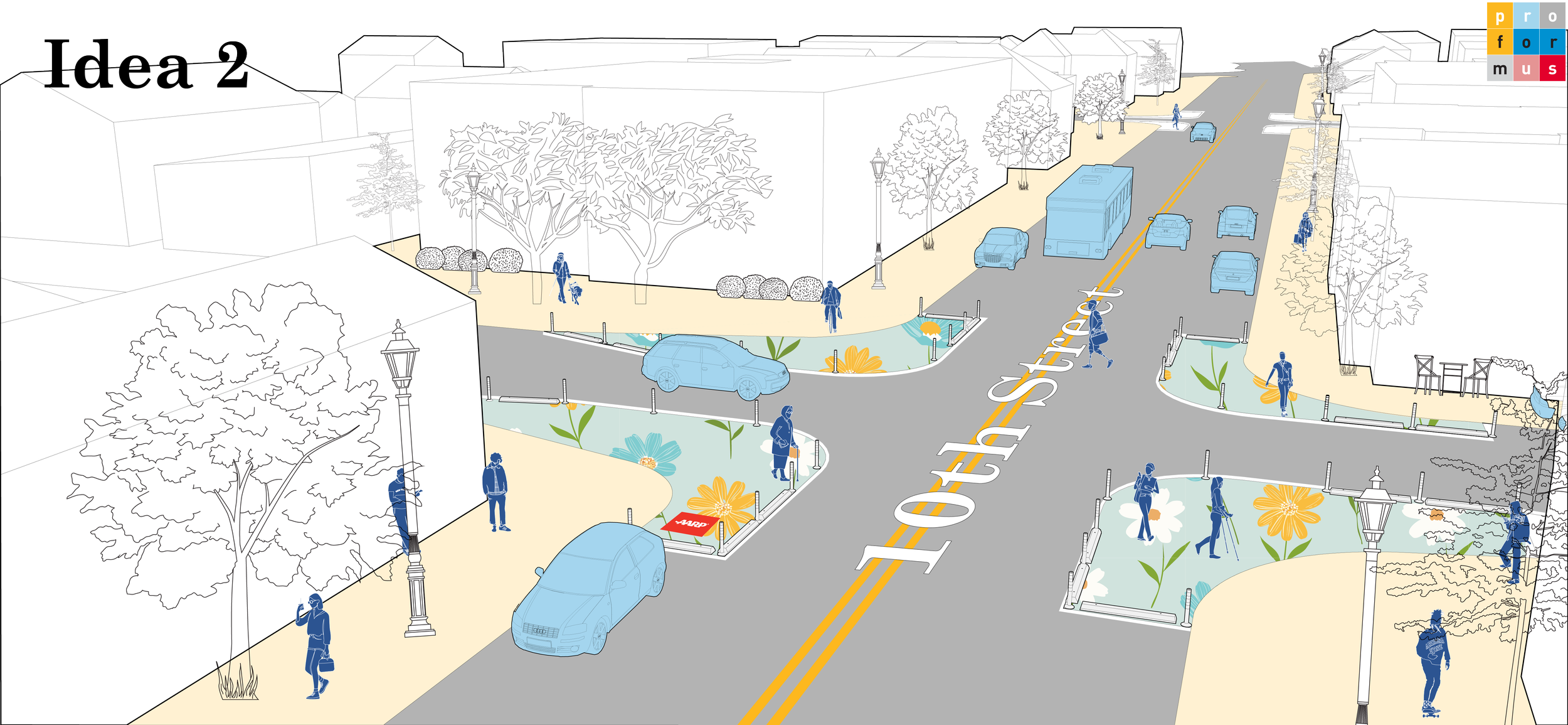 A digital illustration of a city street corner with a community plan titled "Idea 2." It features landscaped planters with colorful flowers, trees, walking pedestrians, cyclists, parked and moving cars, street lamps, and a bus on the street. There is a logo in the top right corner and street markings, including the street name "LORRAINE STREET" written in large white letters along the road.
