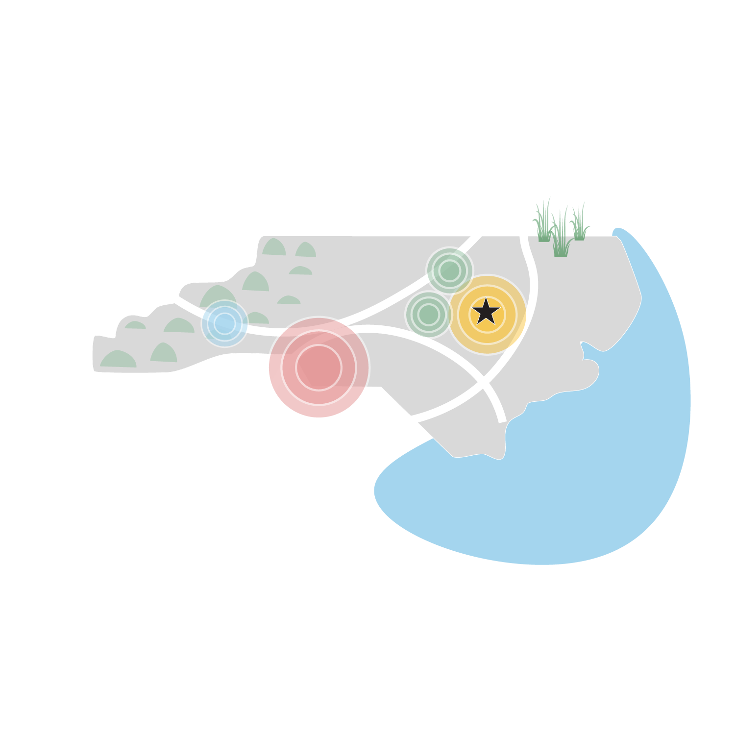 Stylized map of North Carolina marking the three study areas
