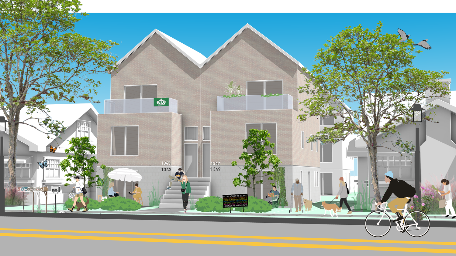 Street illustration of the sixplex with neighbors walking and biking