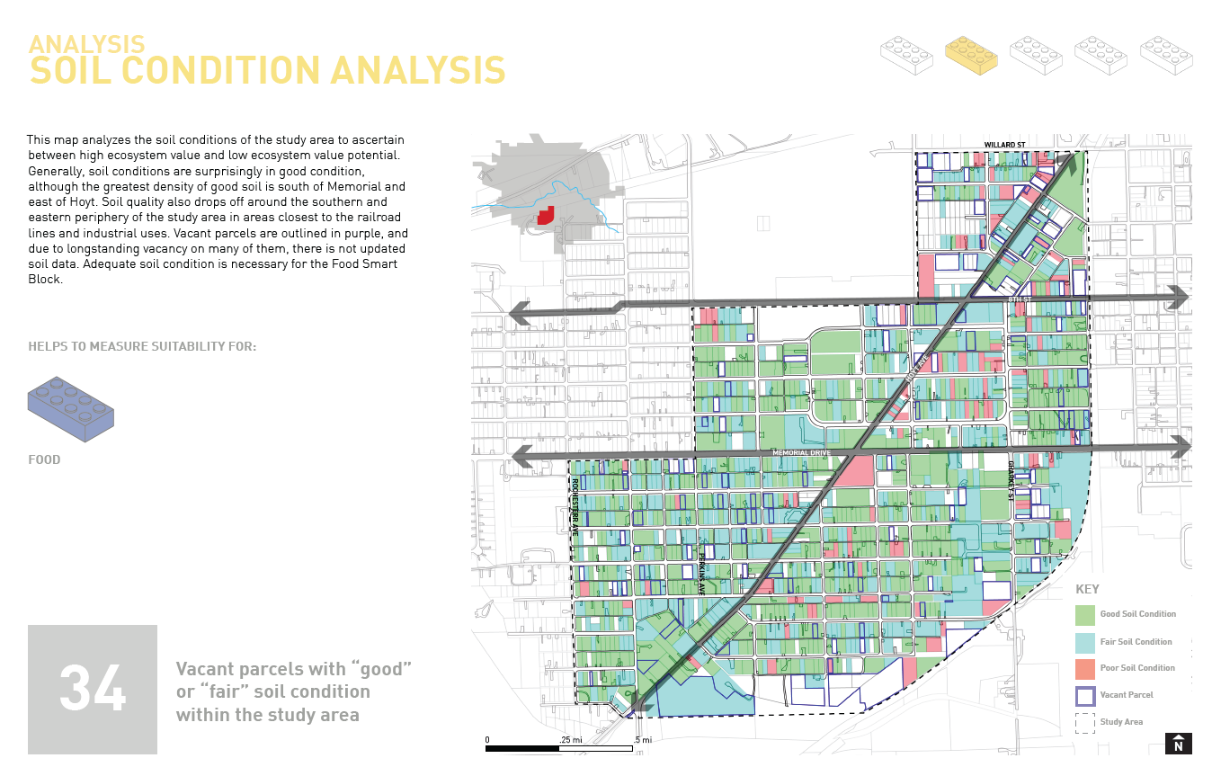 Map showing soil condition analysis with color-coded parcels indicating good, fair, and poor soil quality within a study area, including roads and labeled streets.