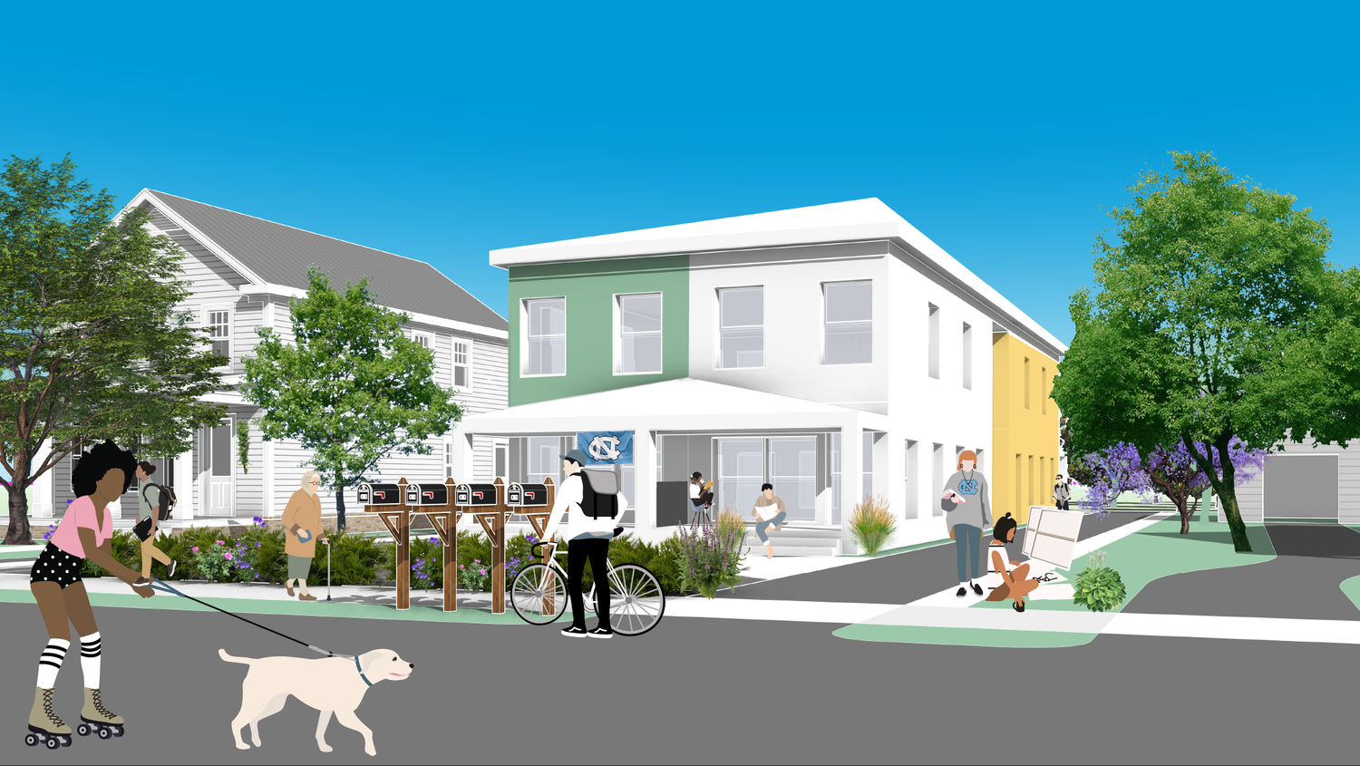 Sunny illustration of the fourplex neighborhood with a roller skater and dog