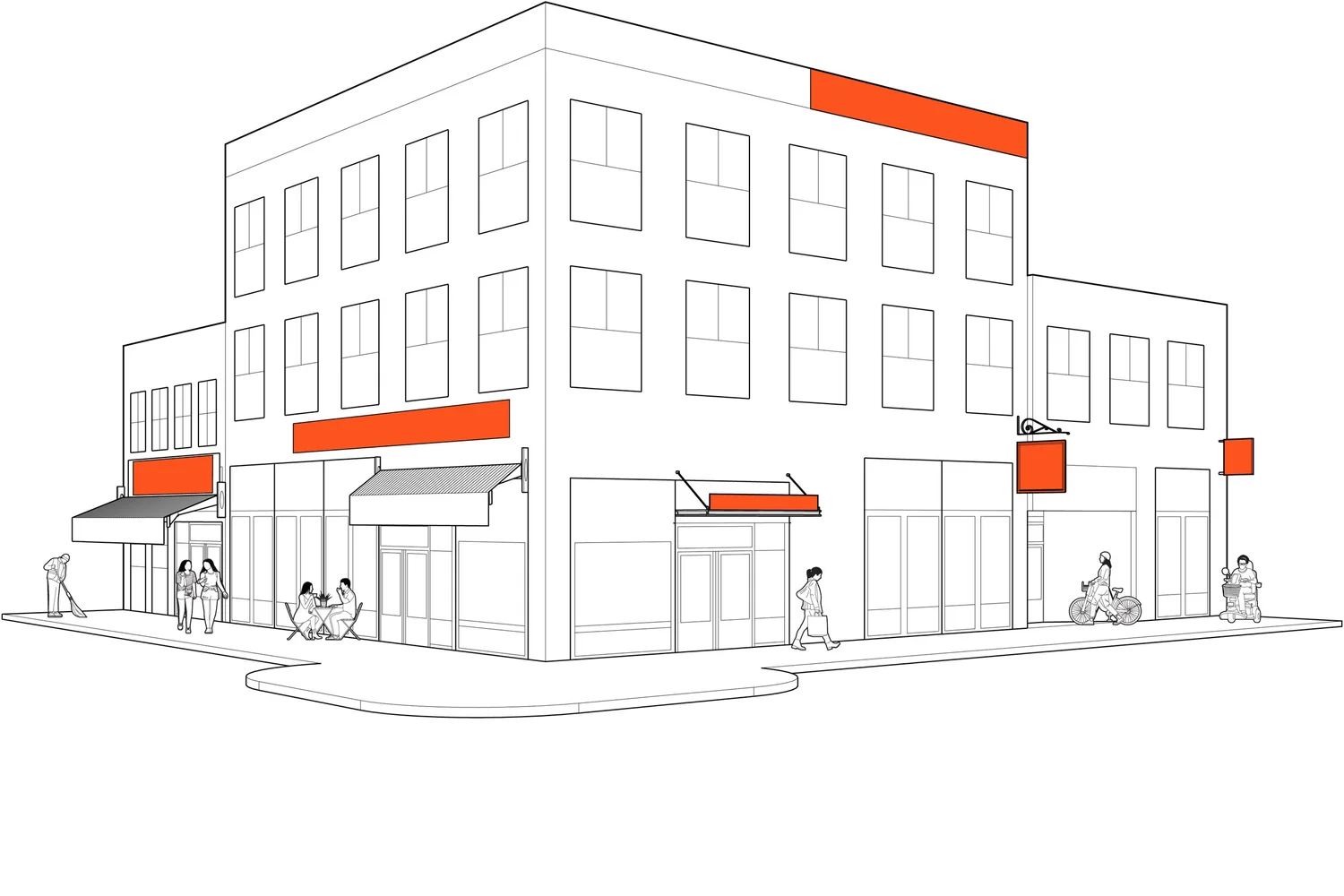 Line drawing of a corner storefront with pedestrians and cyclists