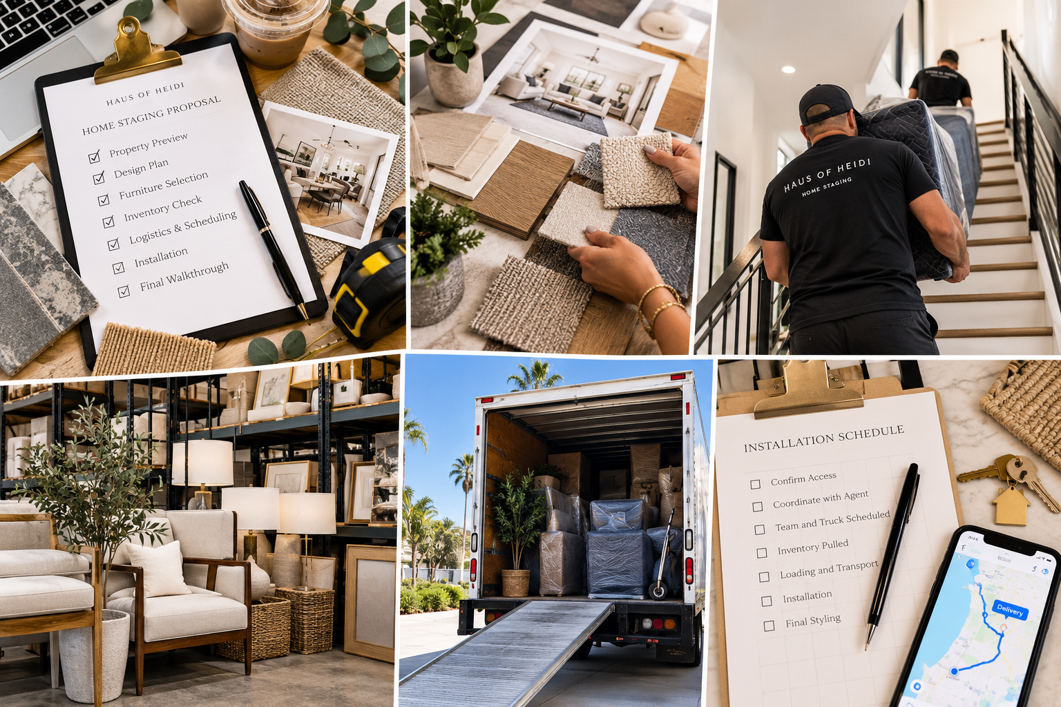 Collage showing the behind-the-scenes process of professional home staging by Haus of Heidi, including design planning, furniture selection, warehouse inventory, moving logistics, and installation.