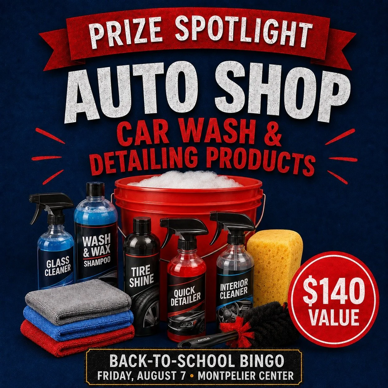 🚗 PRIZE SPOTLIGHT: CAR-CARE PACKAGE! 🚗

One lucky bingo player will take home $140 worth of car wash and detailing products! Everything needed to keep that vehicle looking its best!

This is just one of more than $1,600 in prizes available Friday n