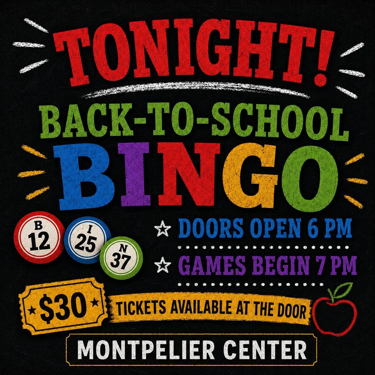 🚨 TONIGHT! TONIGHT! TONIGHT! 🚨

Back-to-School Bingo is finally here!

Join us for:

🎱 Bingo
🏆 More than $1,600 in prizes
💵 A $500 cash jackpot
🎟️ Raffles
🍖 BBQ dinner available for purchase
❤️ Fun that supports arts and education in our commu