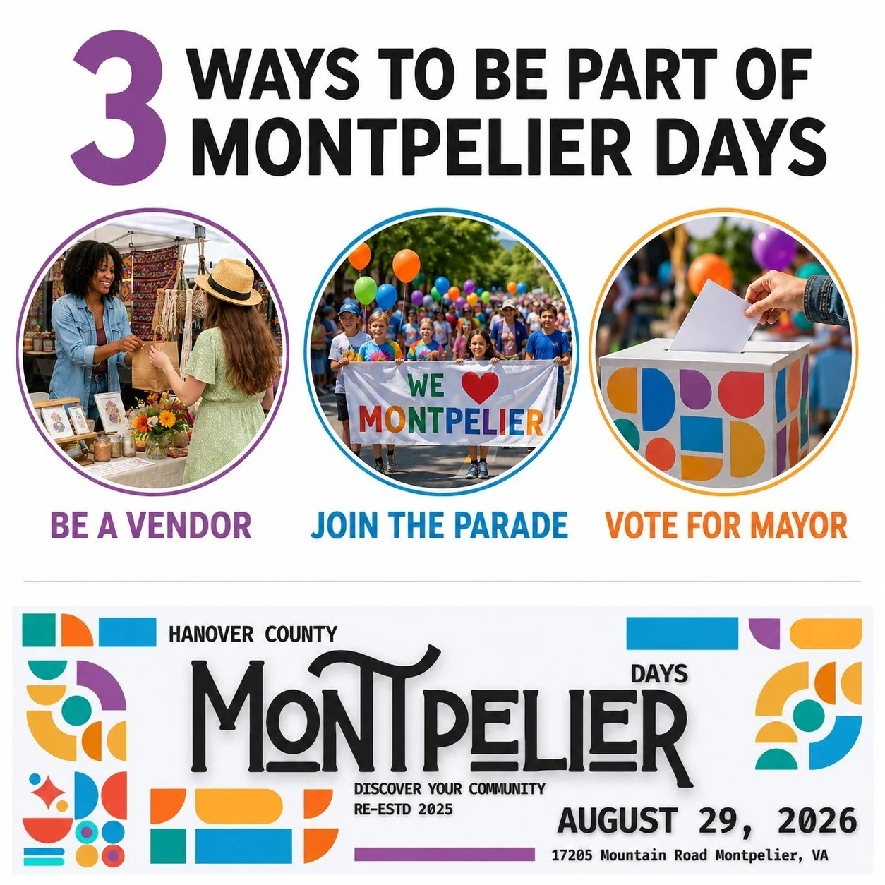 What does the perfect hometown Saturday look like?

🥁 A community parade
🎶 Live entertainment
🛍️ Local vendors
🍴 Great food
👋 Friends and neighbors
🎉 Fun at The Montpelier Center

You&rsquo;ll find all of it at Montpelier Days on Saturday, Augu