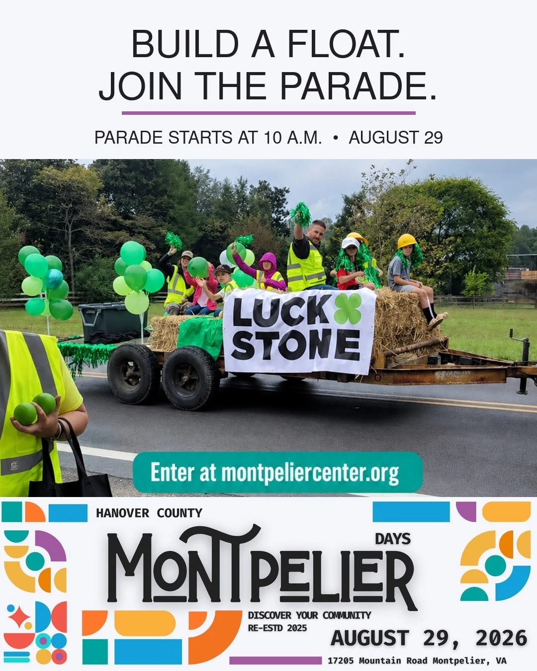 Montpelier, we need your creativity in the parade! Clubs, churches, businesses, neighborhoods, teams and families - build a float, decorate a truck or bring your group and help us fill the route with hometown color. The parade steps off at 10 a.m. on