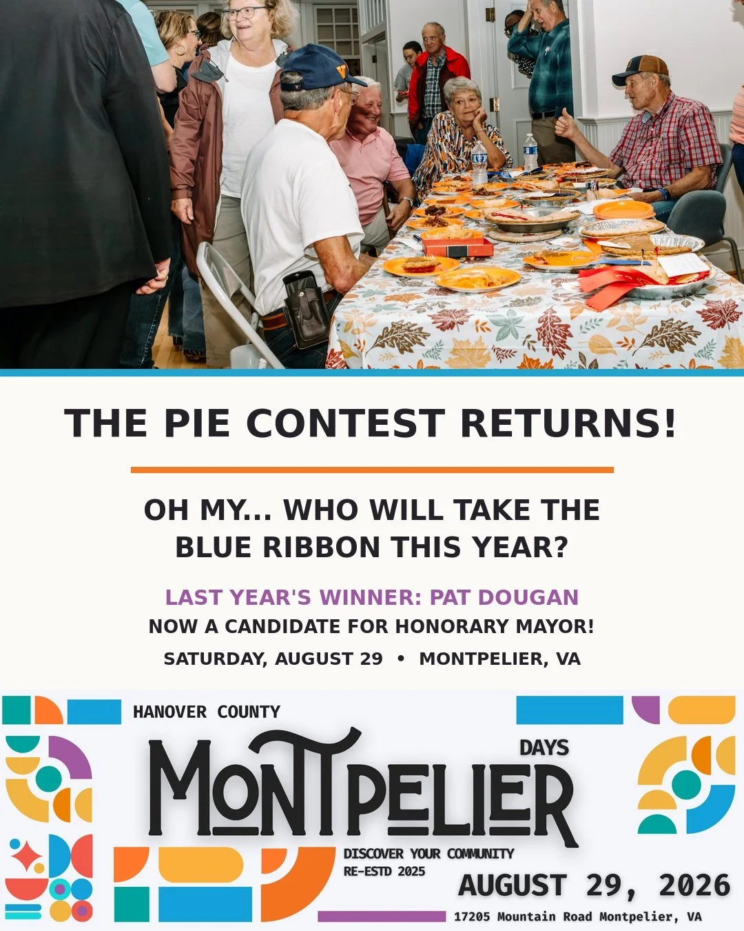 🥧 The Montpelier Days Pie Contest is back, and the competition is already looking delicious!

Who will bake their way to the blue ribbon this year?

Last year&rsquo;s winning baker was none other than Pat Dougan, and this year, Pat is trading pie pl