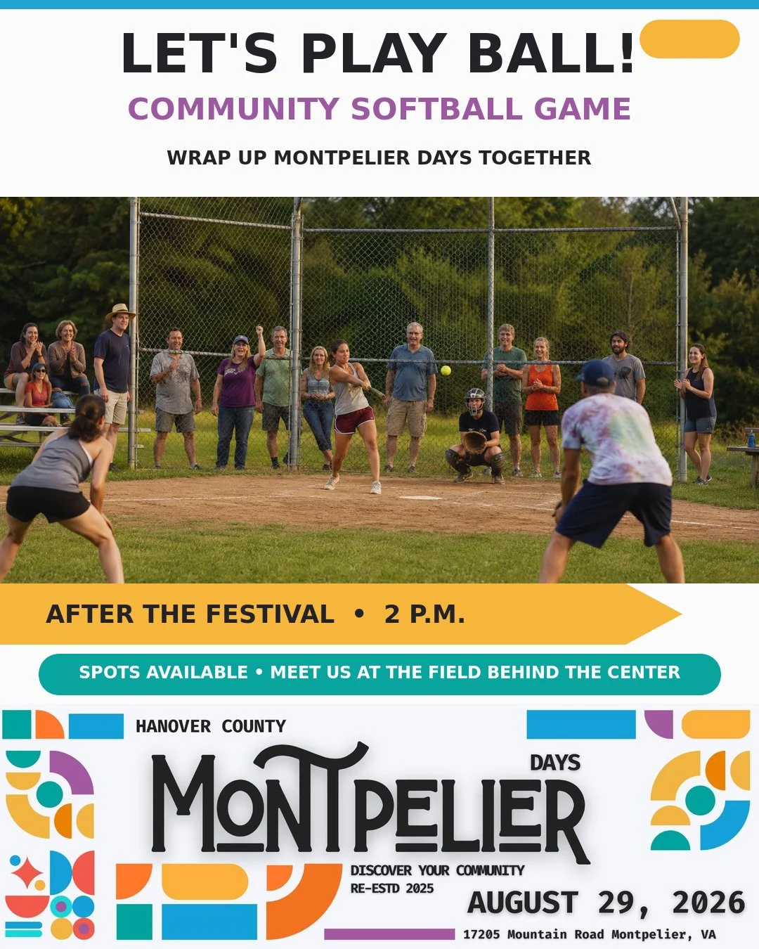 🥎 The festival may end at 2 p.m., but the fun isn&rsquo;t over!

Stick around after Montpelier Days and help us wrap up the celebration with a fun community softball game! We have spots available for anyone who would like to play. No team needed, ju