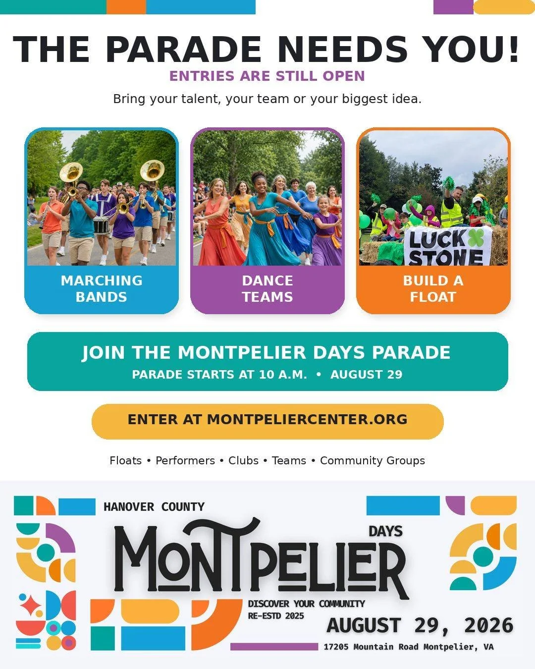 🎶 Fire &amp; EMS, Dancers, clubs, boy scouts, girls scouts, churches, marching bands, pageant queens and float builders&mdash;we need YOU!

The Montpelier Days Parade is coming together, but there&rsquo;s still room for more music, movement and comm