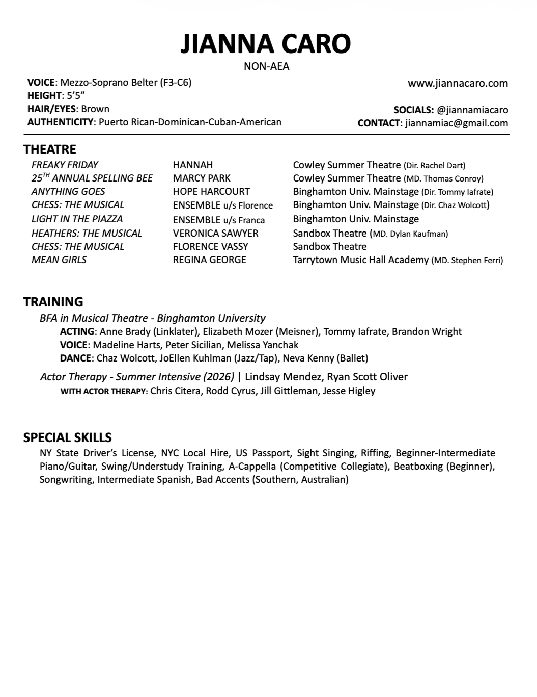 Resume of Jianna Caro highlighting her theater, training, and special skills.