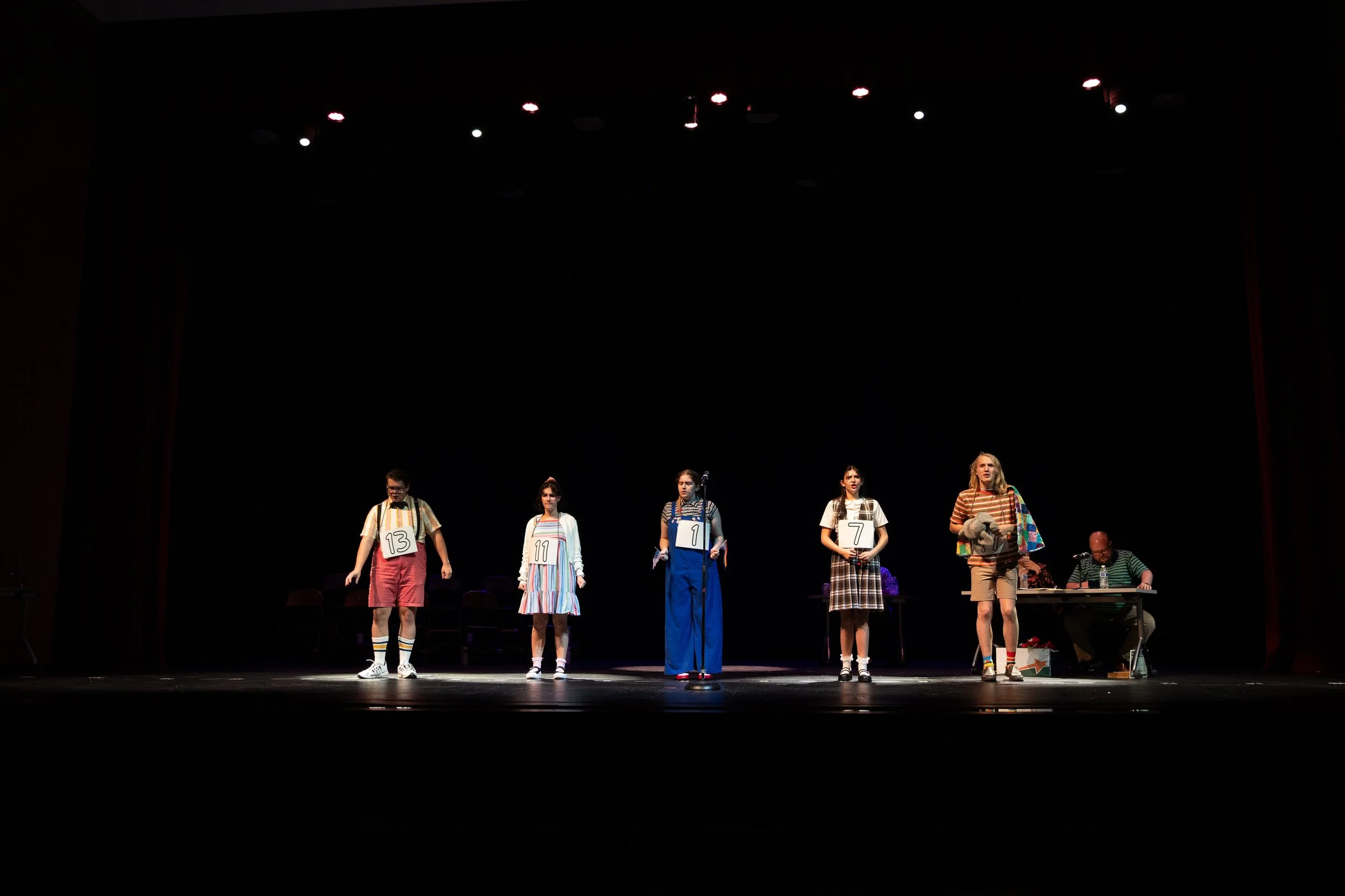 Group of five people on stage, standing with numbered signs, dressed in colorful, casual clothing, during a performance or presentation.