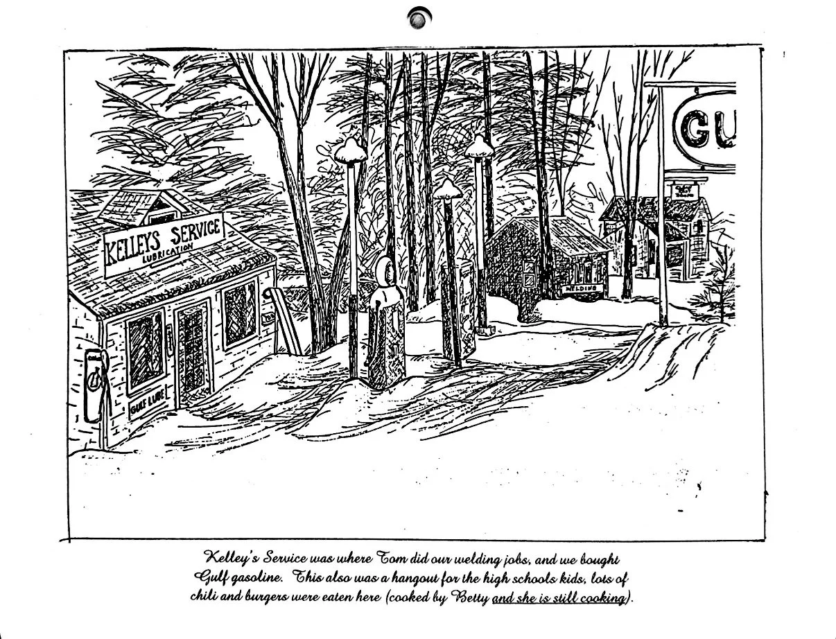 Black and white drawing of a small rural gas station named Kelly's Service, with a sign saying lubrications, surrounded by snow-covered ground and trees. There are vintage gas pumps and a streetlamp, with houses visible in the background and a large