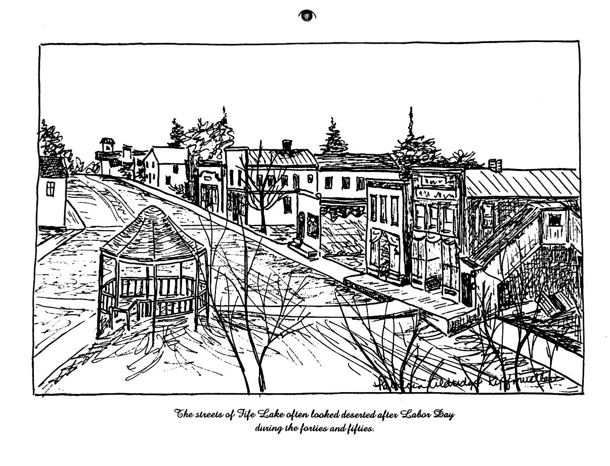 Line drawing of a small town street with shops, trees, and a gazebo. Text below notes it is from the 1940s or 1950s after Labor Day.