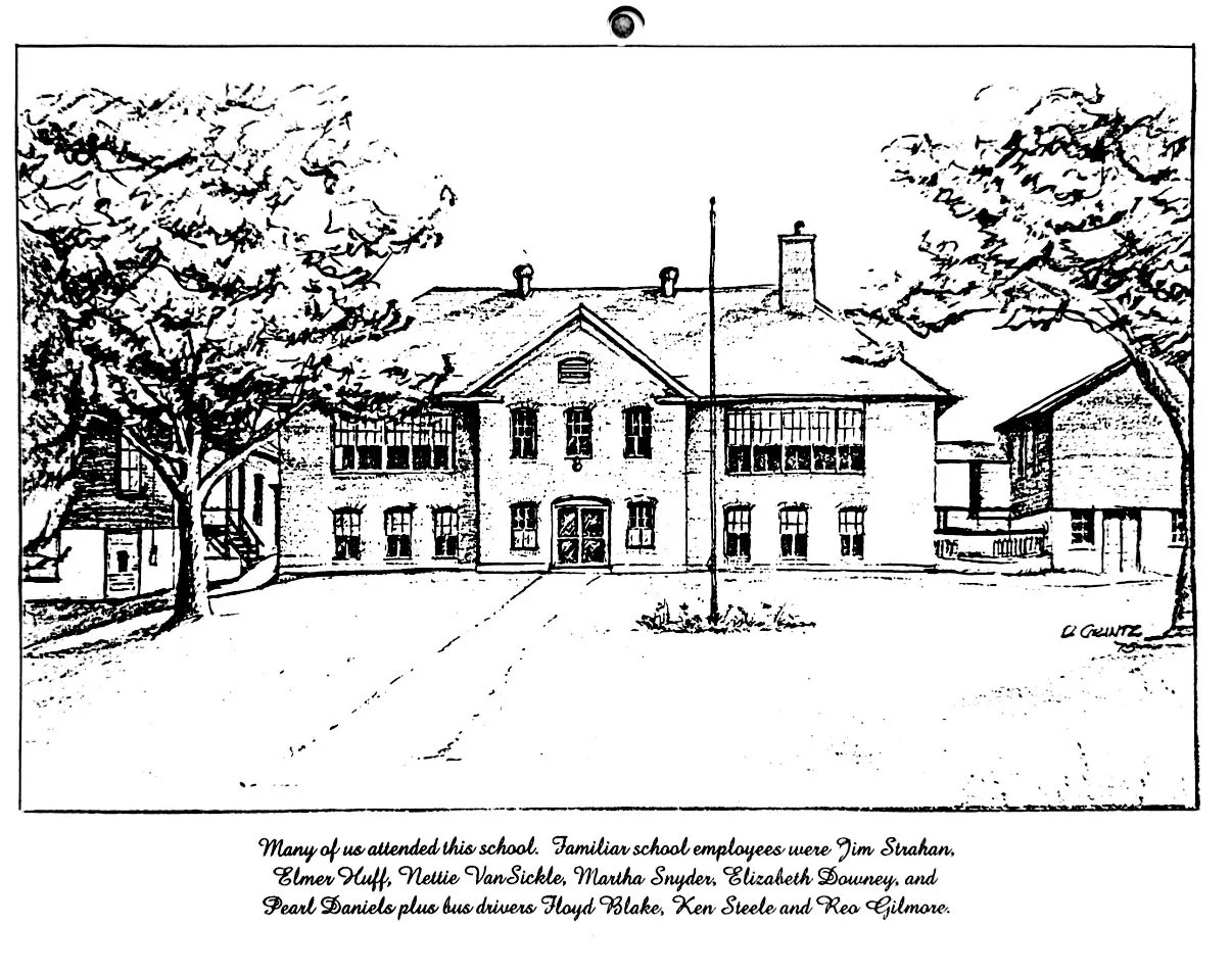 Black and white line drawing of a school building with trees on either side and a path leading to the entrance.