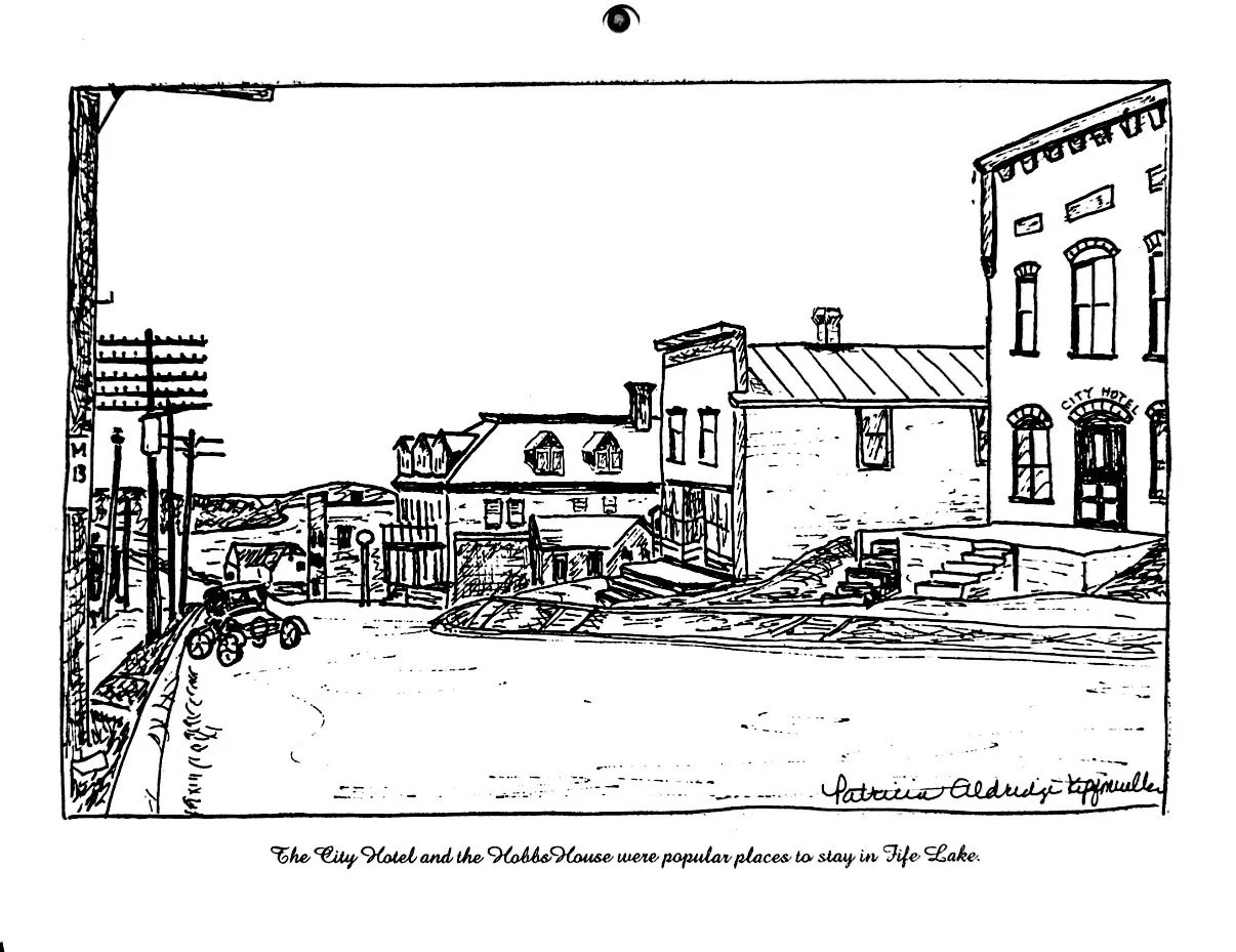 Line drawing of a small town street scene featuring the City Hotel and the Hobbs House with buildings, steps, utility poles, and a car on the street. The caption reads, 'The City Hotel and the Hobbs House were popular places to stay in Toe Lake.'