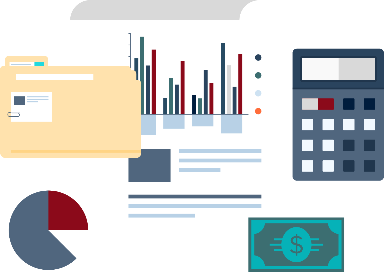 Illustration of financial data analysis including a bar chart with multicolored bars, a pie chart, a calculator, a stack of papers, and a dollar bill.
