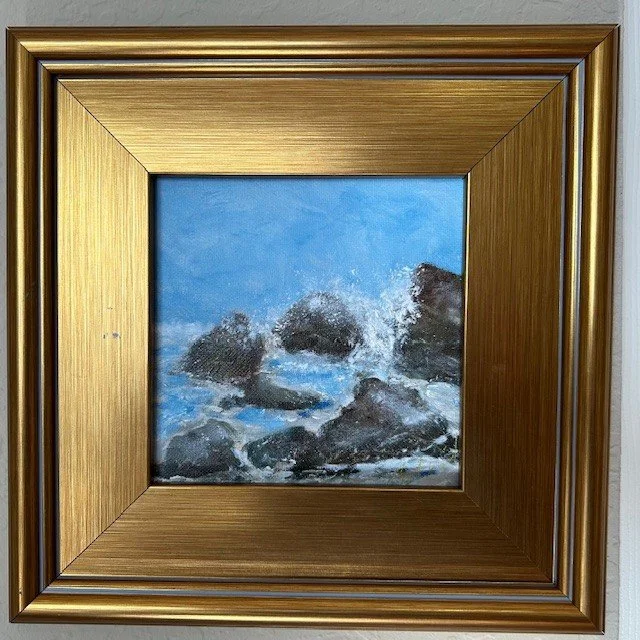 Original seascape oil painting study of waves crashing on a rocky coastline by marine artist Bob Vogel.
