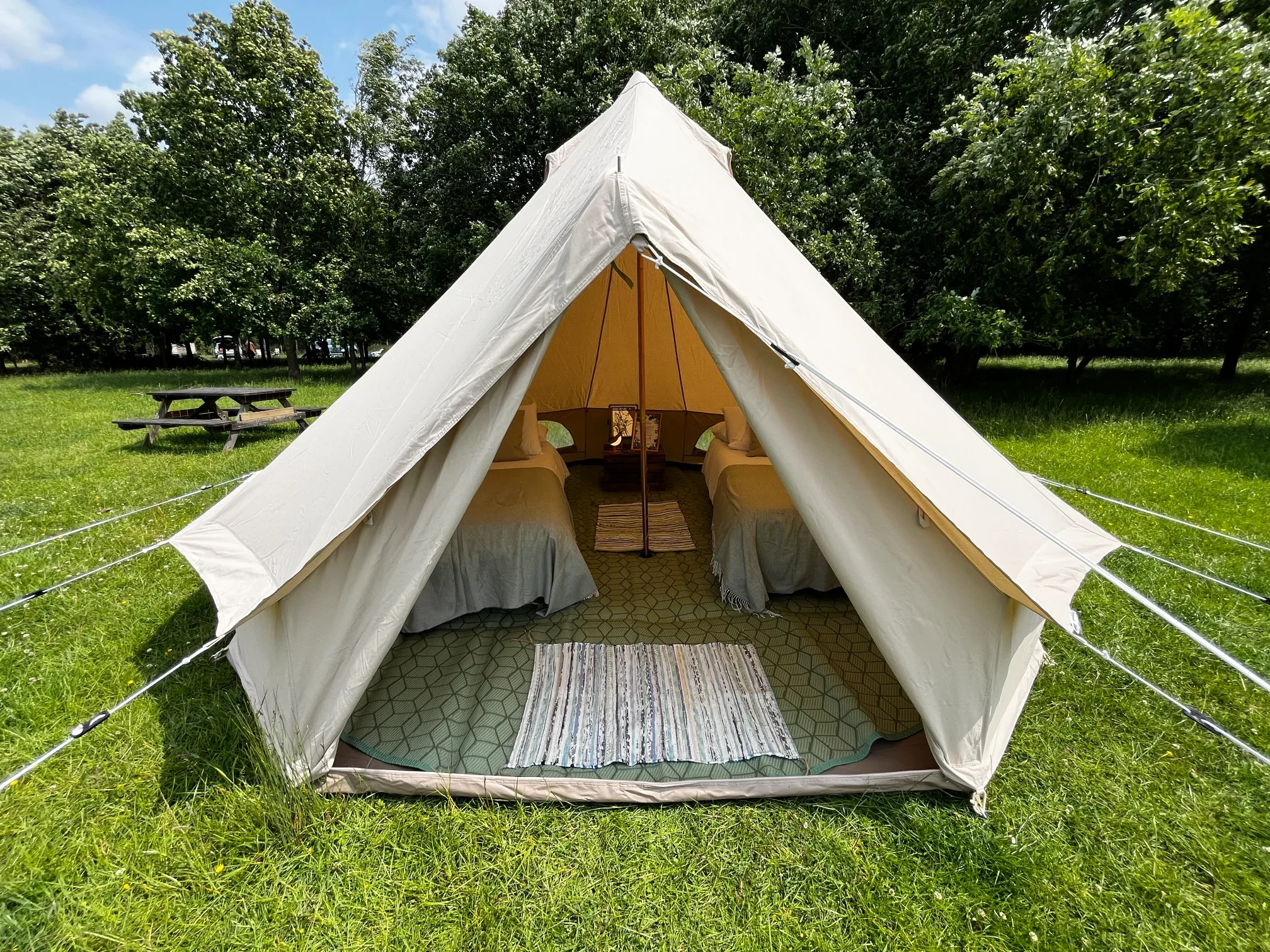 4 metre bell tent with twin real beds