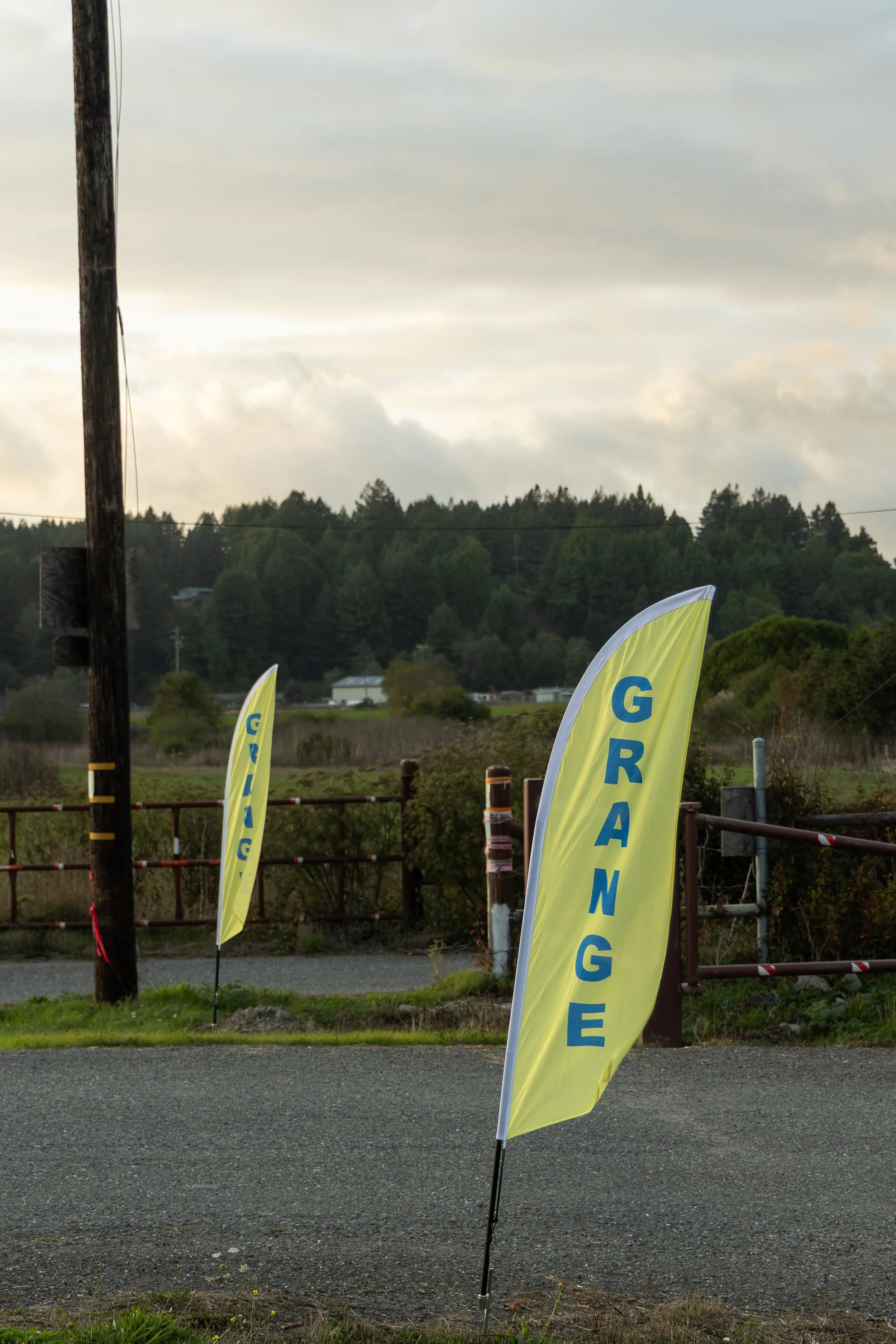 Two yellow banners with the word 'GRANGE' in blue letters stand in an outdoor rural setting near a gravel road, with a wooden utility pole and a fence in the background, and trees and a cloudy sky overhead.