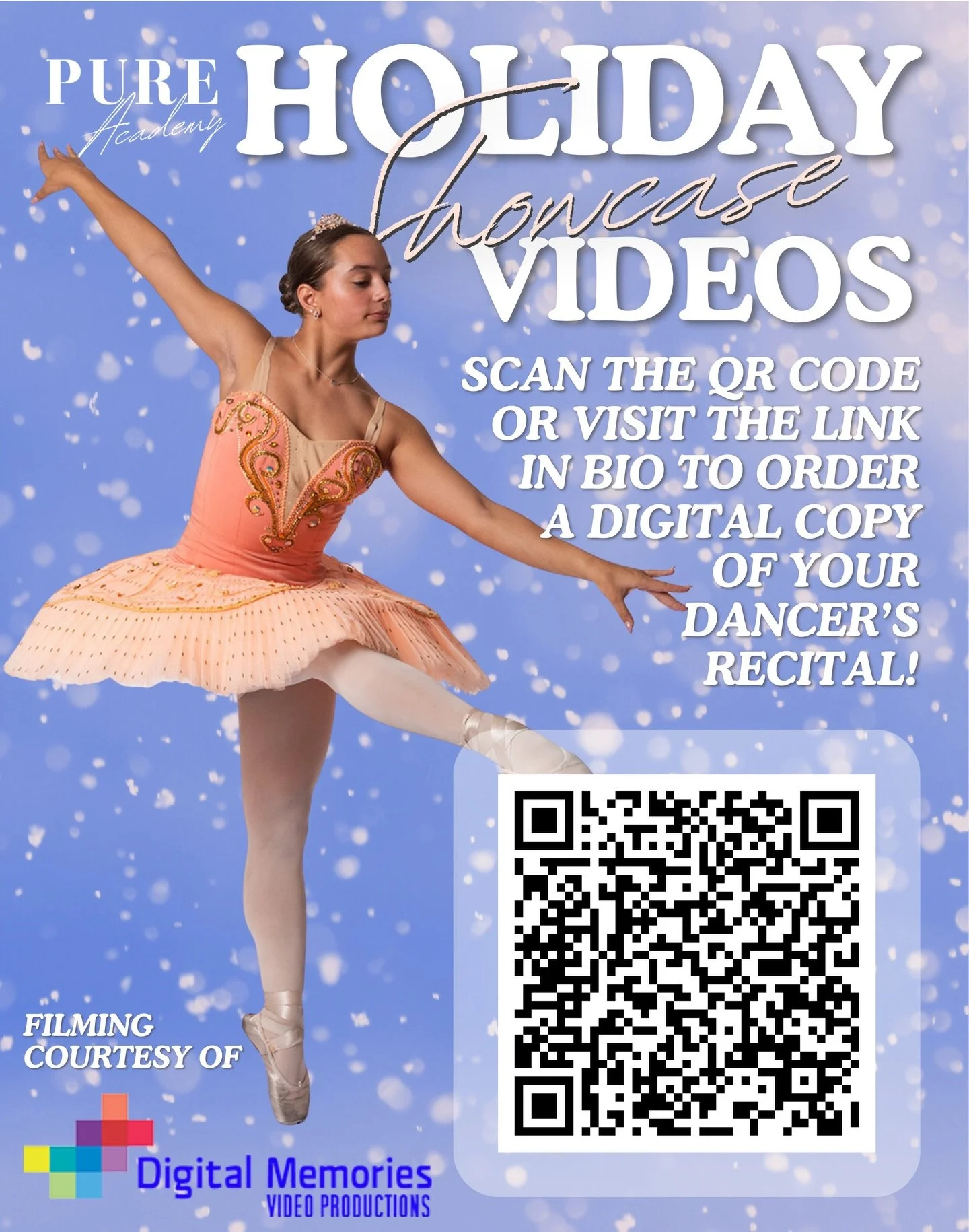 Holiday Showcase Videos 🎥✨

Want to relive your dancer&rsquo;s big moment? Holiday Showcase videos are now available to preorder! Capture every smile, leap, and sparkle from the stage.

📸 Photos are welcome during the performance &mdash; we love se