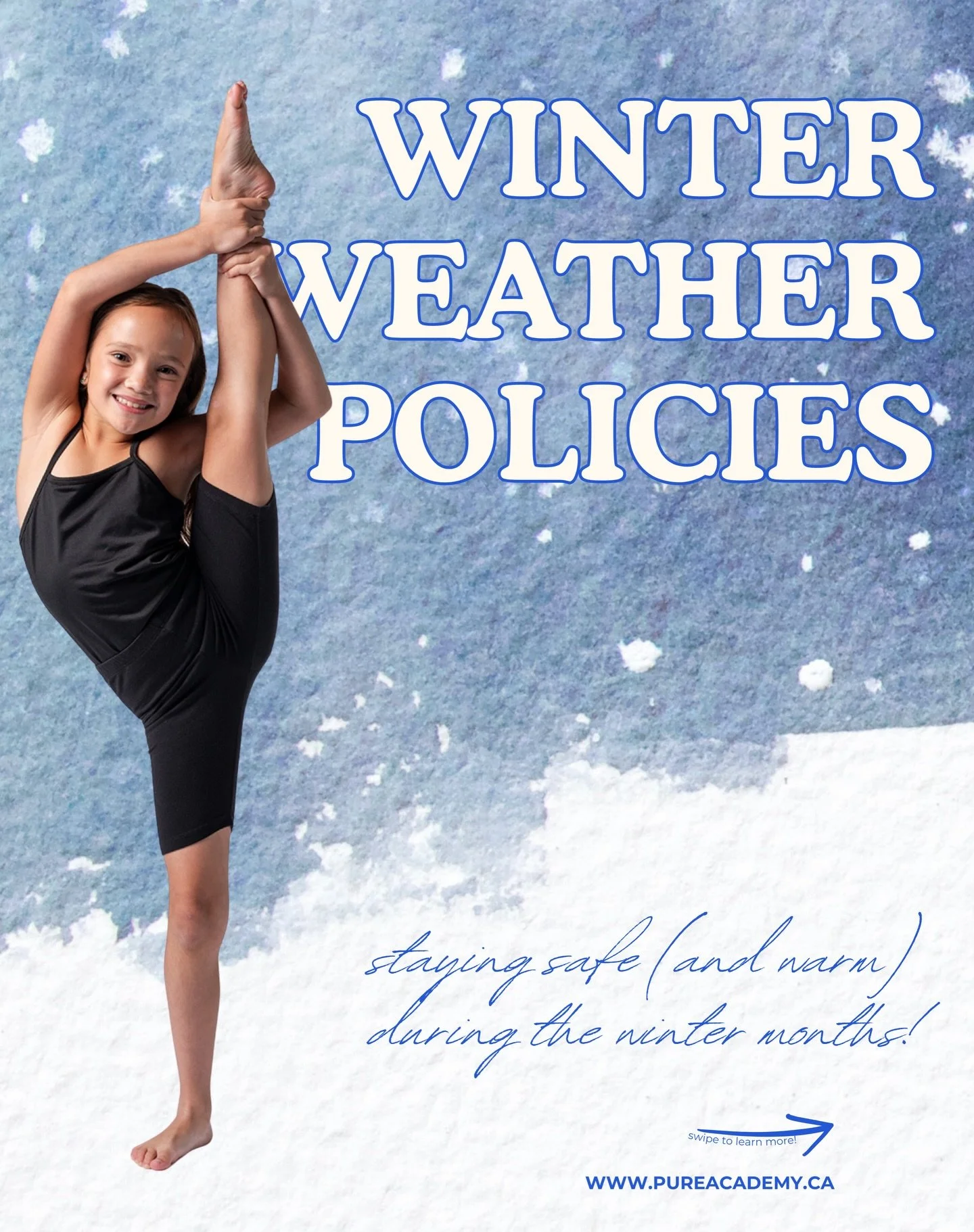 ❄️ Winter is here! ❄️

In light of the recent polar vortex 🌨️, our winter weather policies are here! While we love to dance, these Canadian winters are something else and safety comes first!

Be sure to check our Instagram and Facebook page on bad w