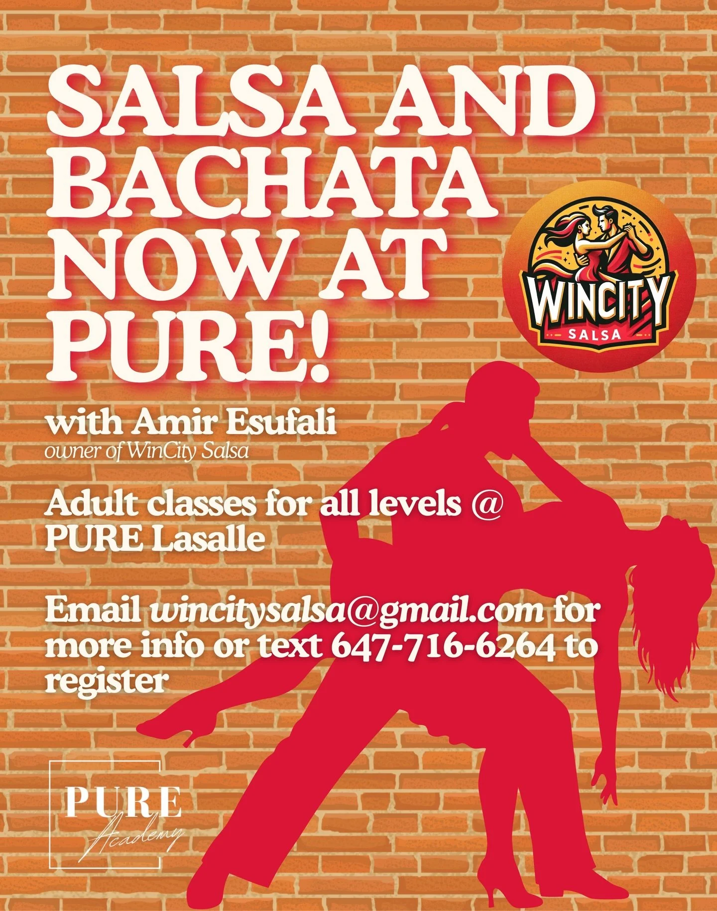 @wincitysalsa is now running Salsa and Bachata classes at @puredanceacademy in Lasalle! 💃🕺

❤️&zwj;🔥 All levels!
❤️&zwj;🔥 Adults only!
❤️&zwj;🔥 Email wincitysalsa@gmail.com or text 647-716-6264 for more info or to register today!