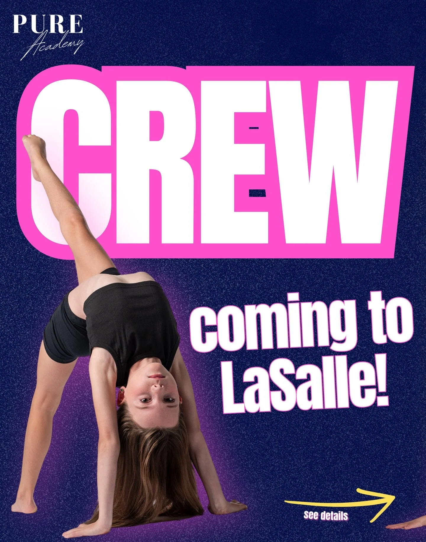 CREW is coming to LaSalle!

Next season, PURE Academy is bringing our CREW Competitive Program to LaSalle &mdash; for dancers ready to train harder, grow stronger, and take the next step.

Ages 8+
Focused training. Real commitment. Strong team enviro
